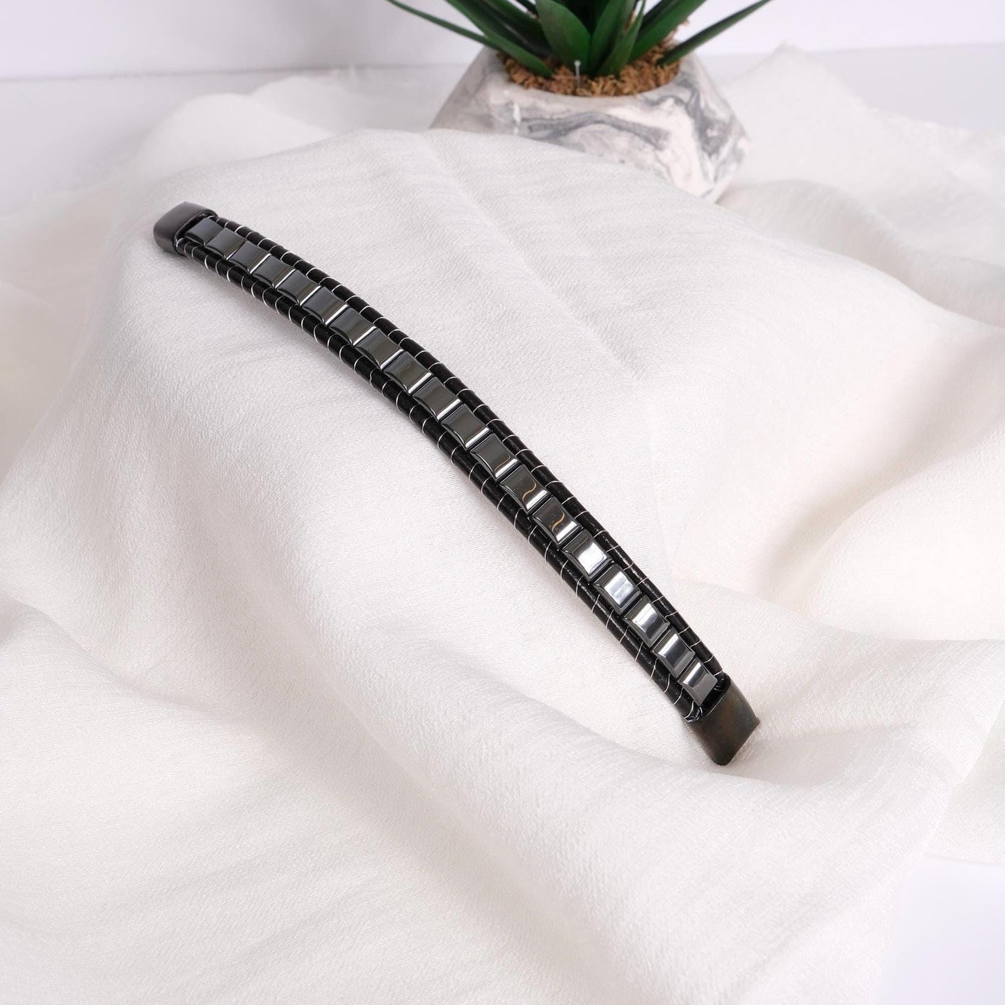 Hematite and Black Leather Men's Bracelet | Titanium Lock – 22cm(8.66in) Stainless Steel Finish Masculine and Durable with