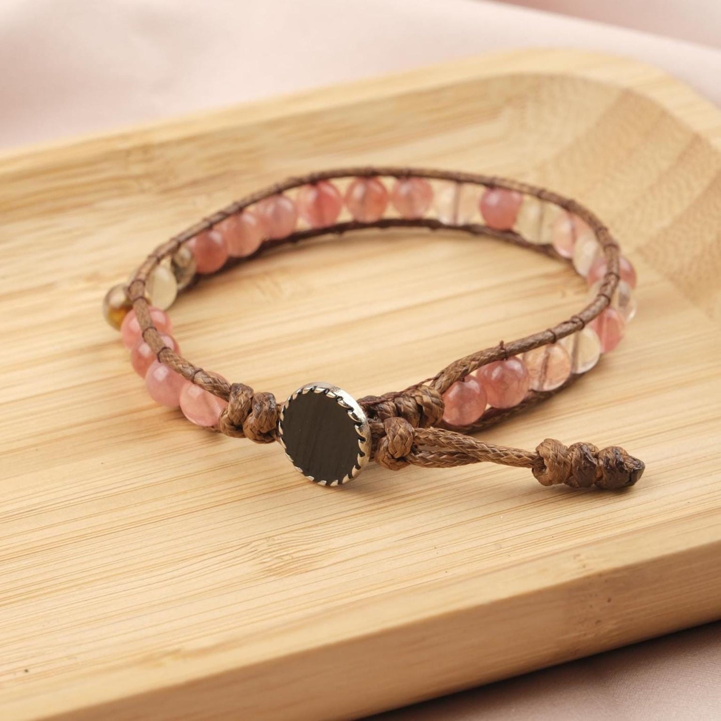 Stone of Love, Quartz & Leather Wrap Bracelet for Men, Adjustable Rose Quartz-Style Beaded Wristband, Gift for Him, 21cm / 8.26in