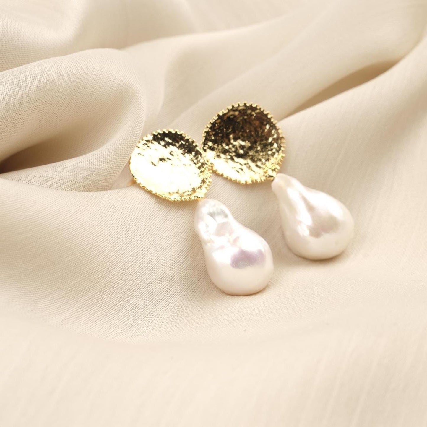 Handmade Genuine Baroque Pearls, Gold Plated Earrings With Antique Looking Design, Vintage Style Statement Studs With Organic Gemstone Charm