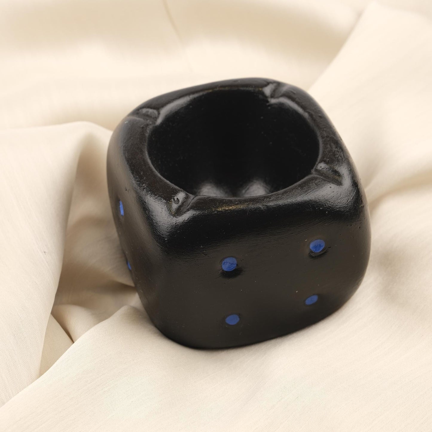Black Dice Ashtray with Blue Dots, Casino Style Smoking Tray, Funky Handmade Cube Decor for Game Nights Unique Gift Idea