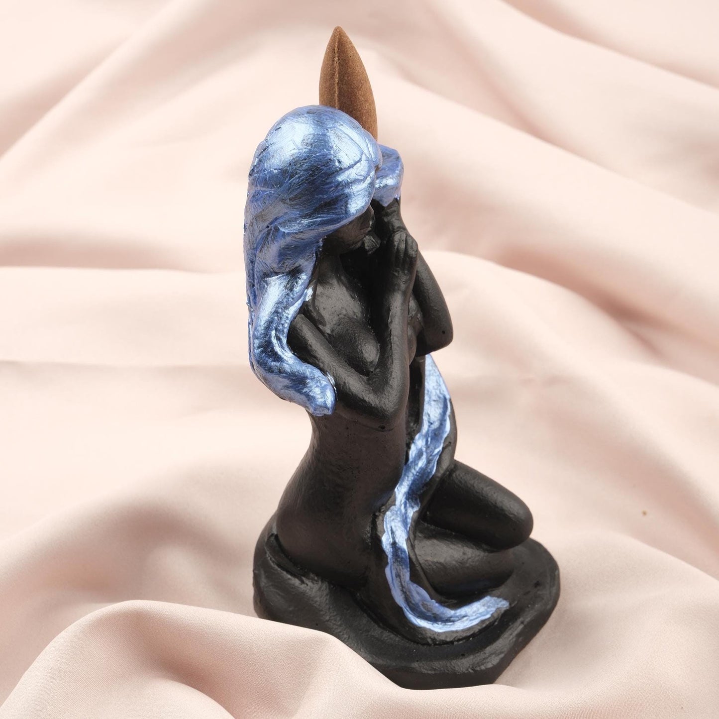 Women Figure Backflow Incense Holder, 17 cm and 6.7 in | Unique Resin Smoke Fountain, Spiritual Decor, Meditation Gift, Navy Blue & Black
