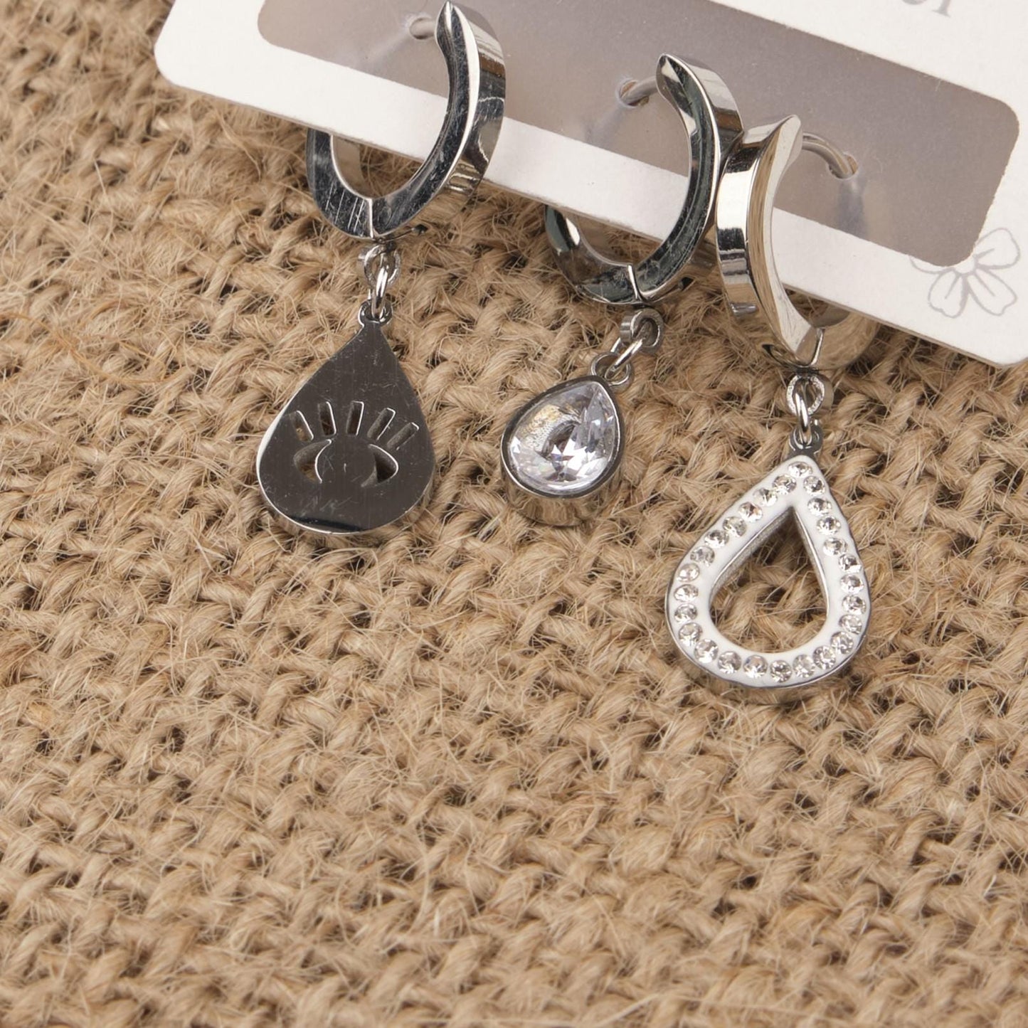 Silver Eye, Drop And Diamond Earrings Set Of 6, Refined Hypoallergenic Jewelry For Women, Symbolic Minimalism In Brass