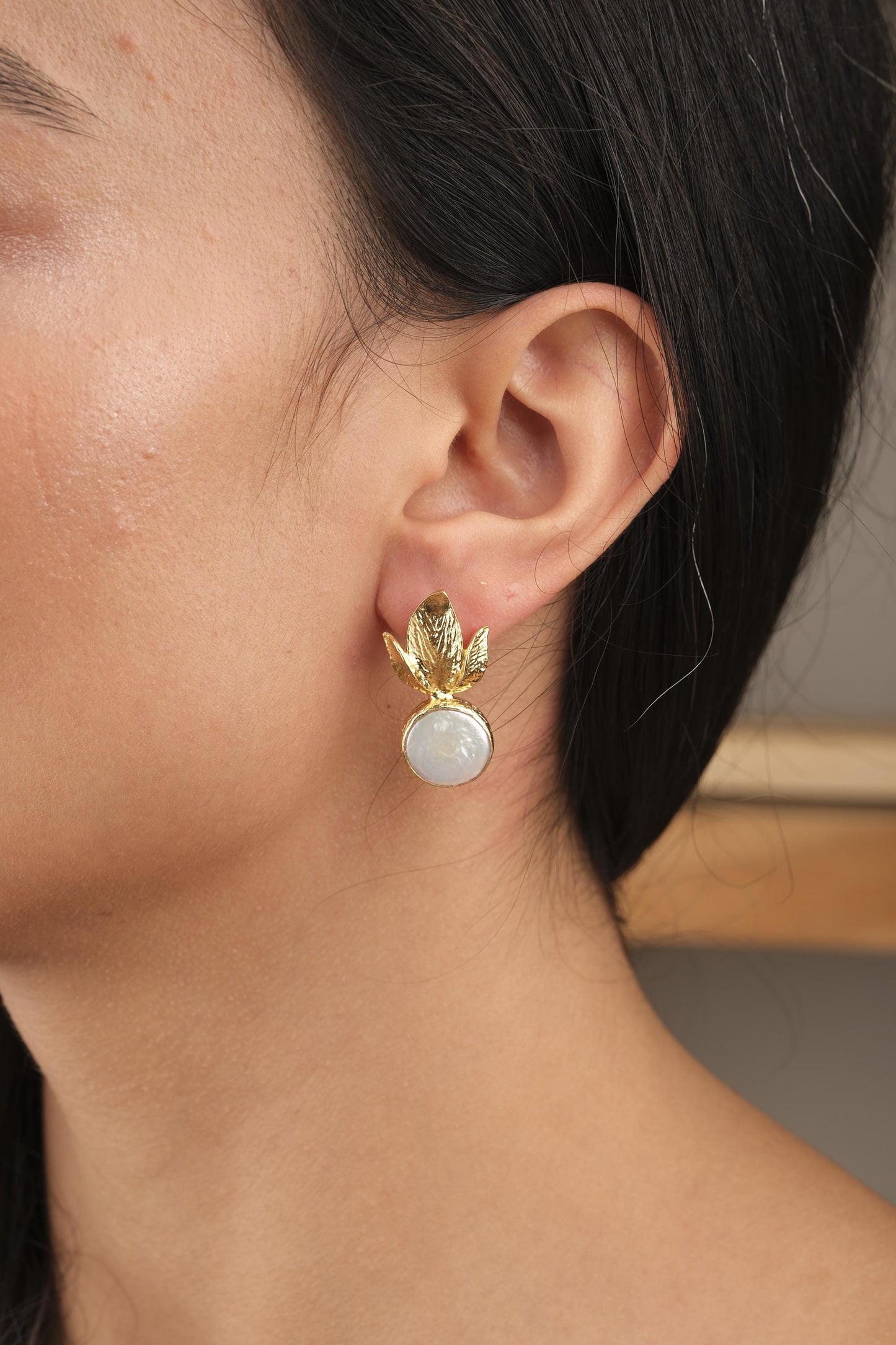 Handmade Genuine Pearl Stud Earrings, Gold Plated Leaf Design, Artistic Nature-Inspired Jewelry for Women, Elegant Lightweight Statement