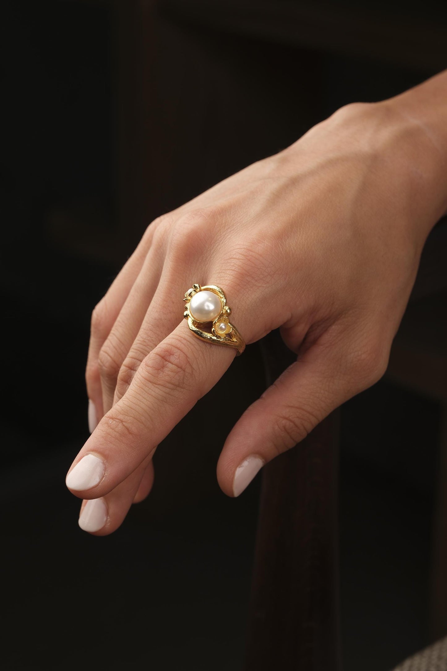 Handmade Artistic Design Ring With Faux Pearl Centerpiece, Adjustable Antique Looking And Vintage Style Gold Plated With Delicate Detailing
