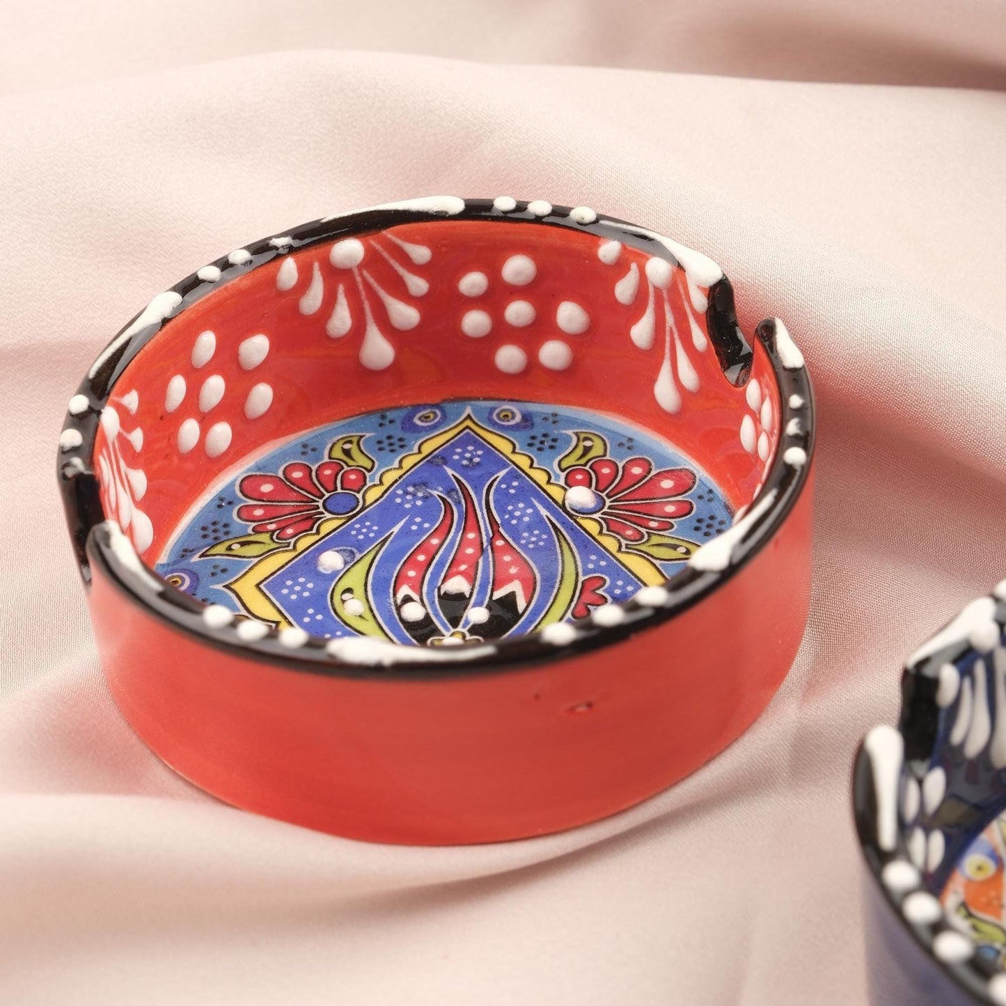Buy1 Get1 | Antique Ashtray with Vintage Anatolian Paint, Handmade Perfection for Smokers | Ceramic Cigarette Lid in Navy Blue & Red 3.14IN