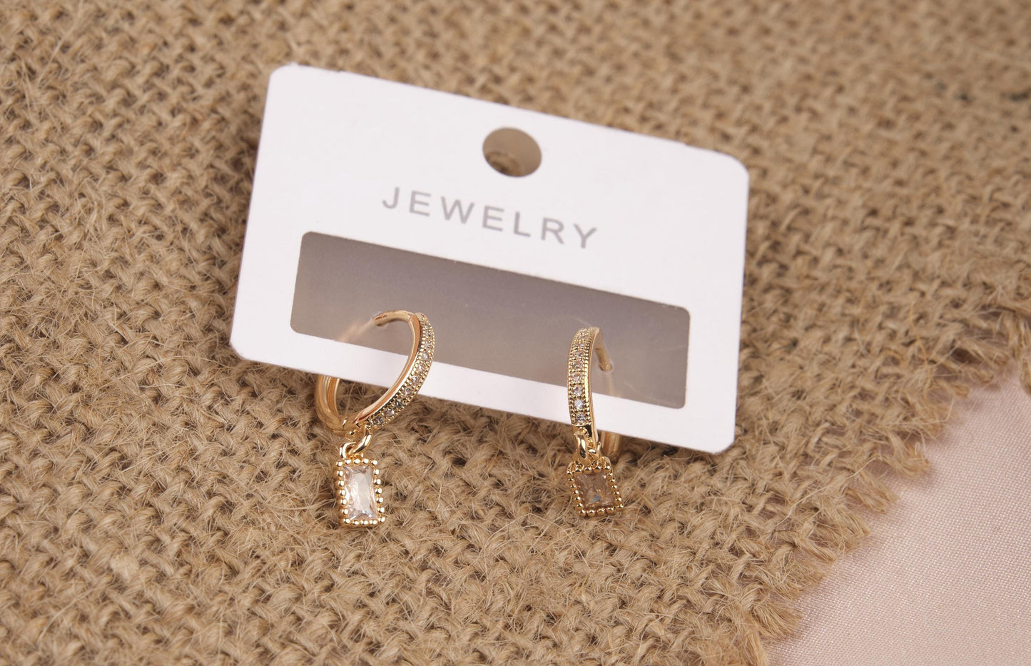 Gold Rectangle Pink Emerald Earrings, Elegant Minimalist Hoops For Women Who Glow, Feminine Statement Jewelry In Brass