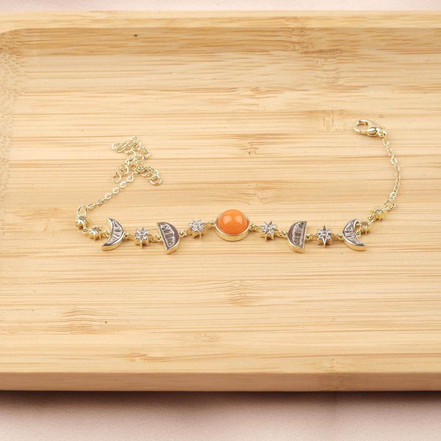 Orange Moon & Star Charm Bracelet for Women, Gold Celestial Jewelry with Vibrant Orange Accent Stone, Warm Gift for Her, 22cm / 8.66in
