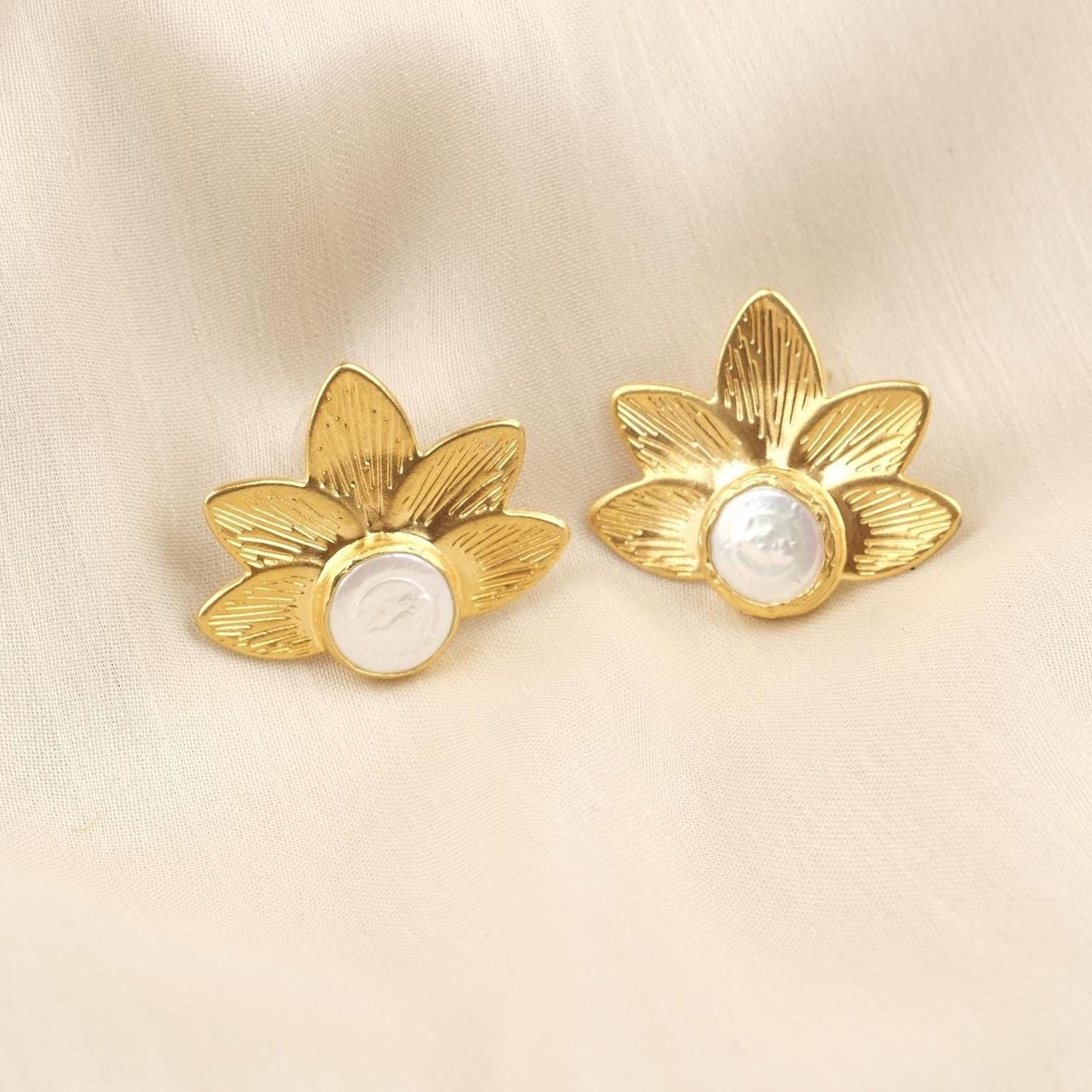 Handmade Real Pearl Lotus Flower Stud Earrings with Genuine Freshwater Pearl, Unique Zen Mode Jewelry, Antique Looking Nature-Inspired Gift