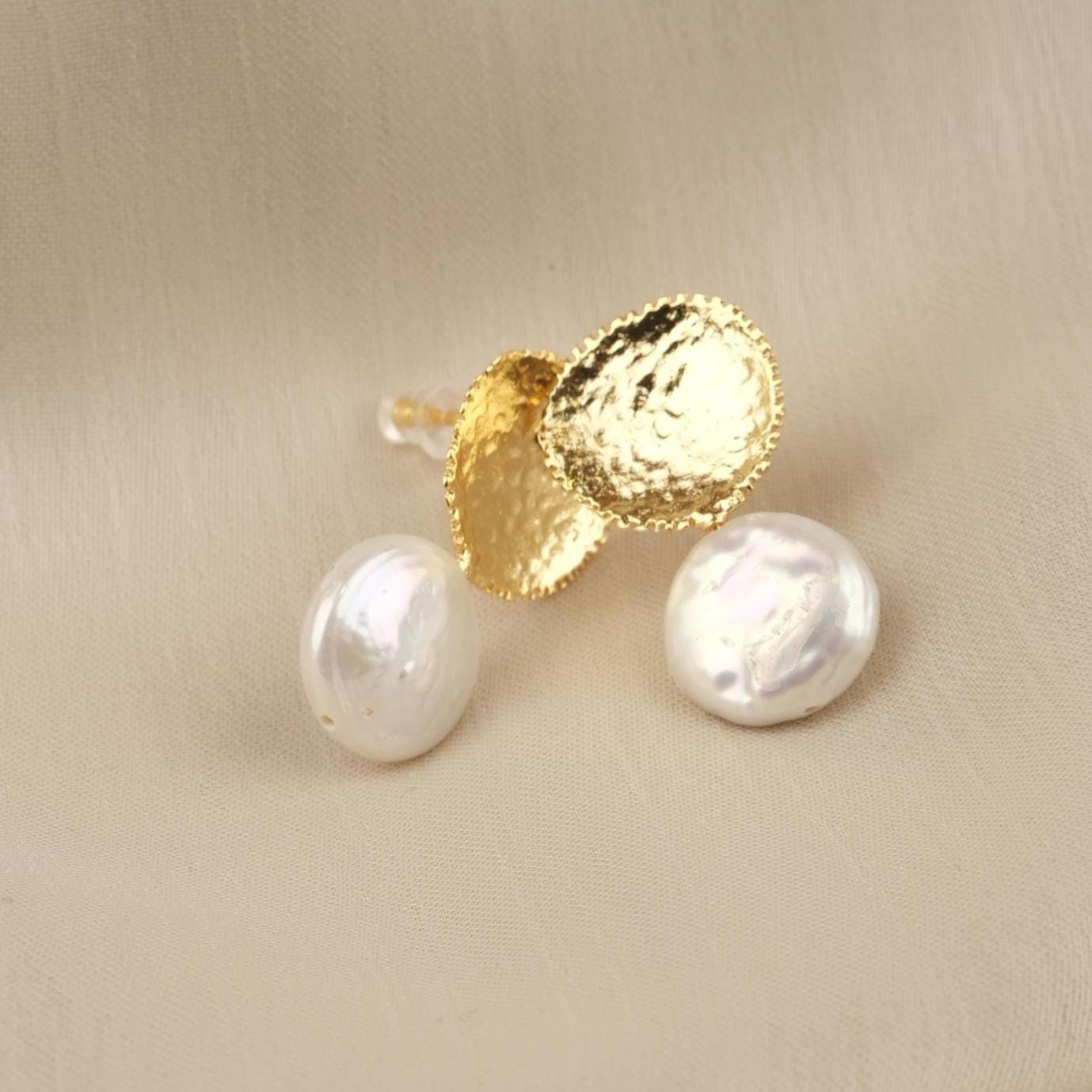 Handmade Gold Plated Stud Earrings with Genuine Freshwater Pearl, Antique Looking Dome Design, Elegant Artistic Minimal Jewelry Gift for her