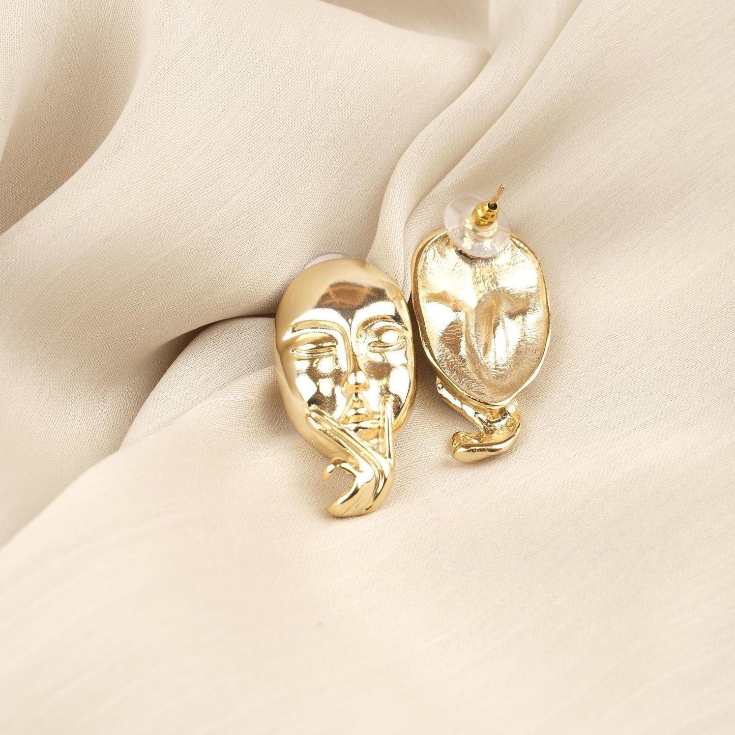 Handmade Artistic Woman Face Stud Earrings, Gold Plated Abstract Design, Statement Feminine Jewelry, Unique Gift with Vintage Style Flair