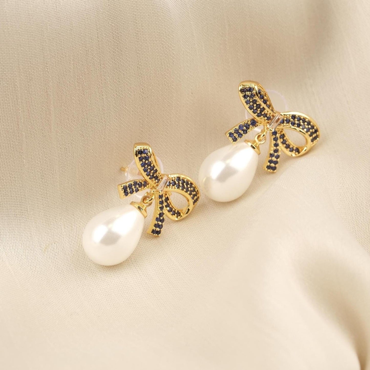 Handmade Gold Plated Bow Tie Stud Earrings, Elegant Drop Design with Faux Pearl, Chic and Feminine Retro Look, Unique Gift for Women Gift