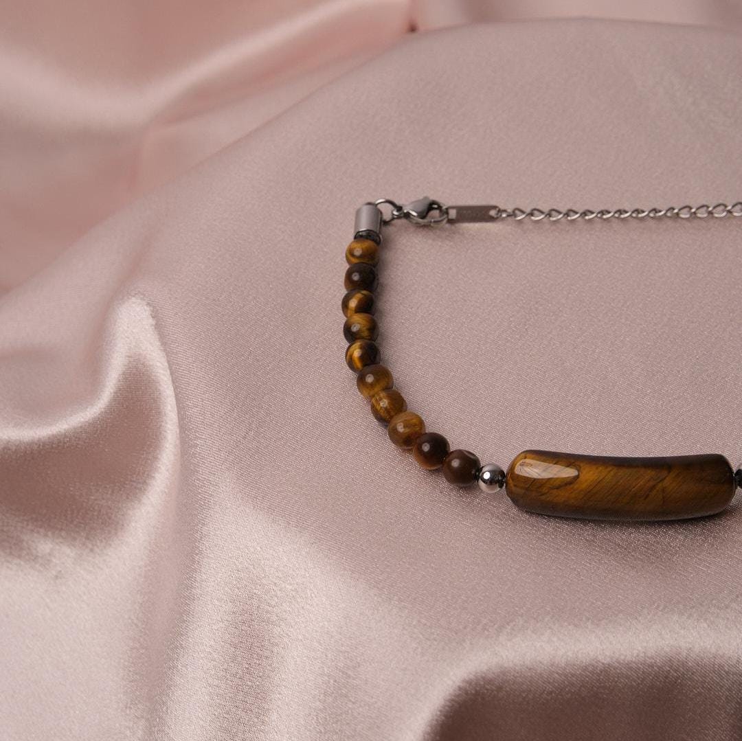 Brown and Classic Adjustable Gemstone Bracelet for Men, Chunky Chain Link | Rugged Modern Style | Masculine Jewelry Gift for Boyfriend