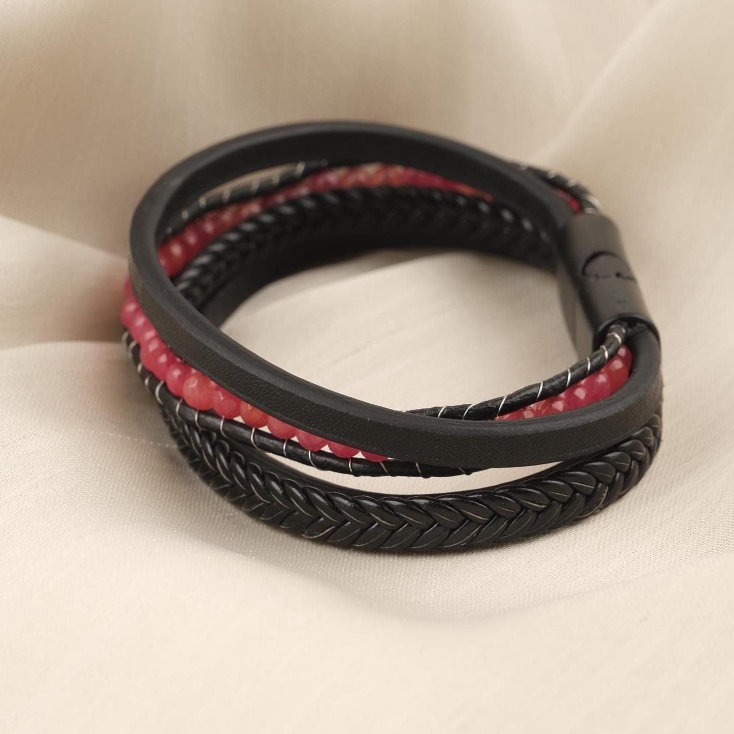 Handmade Bold Quartz and Genuine Leather Men's Bracelet, Multi-Layer Design with Titanium Lock, Statement Gemstone Jewelry | 22 cm (8.66 in)