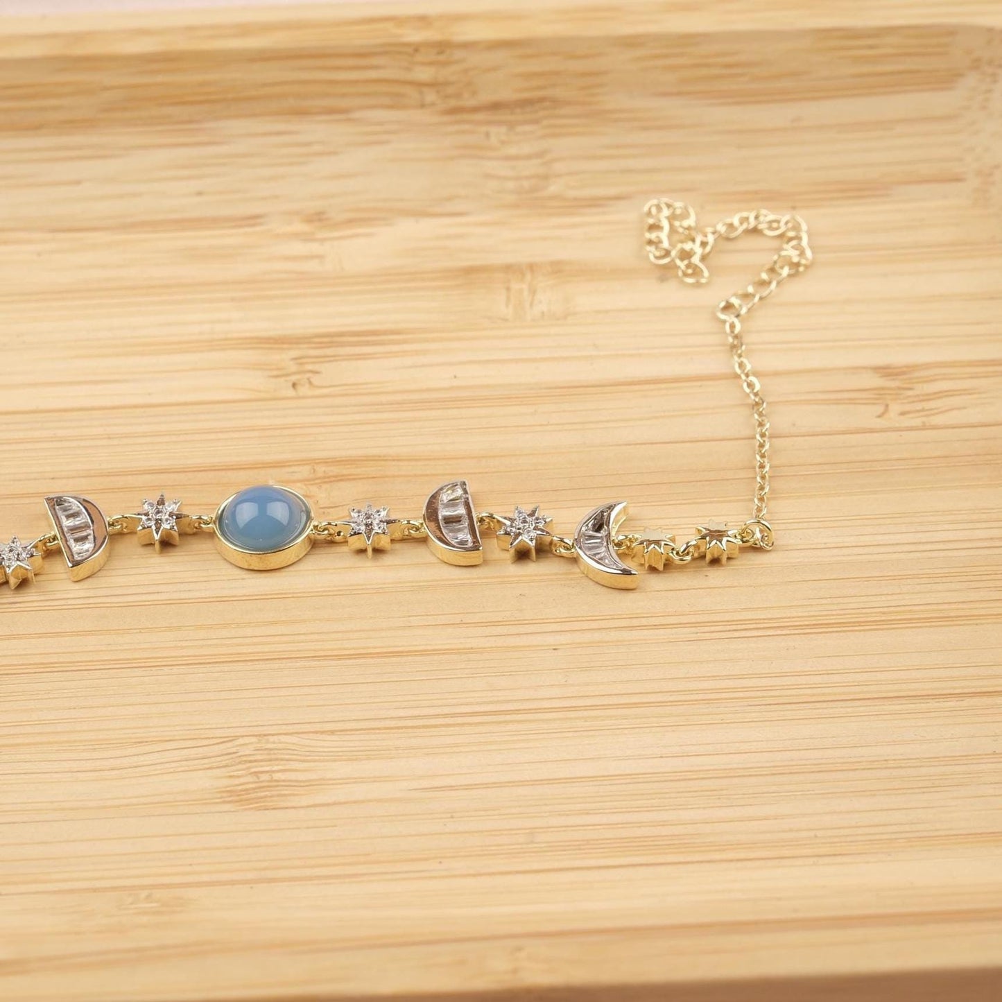 Aquamarine Moon & Star Charm Bracelet for Women, Gold Celestial Jewelry with Soft Blue Accent Stone, Calm Gift for Her, 22cm / 8.66in