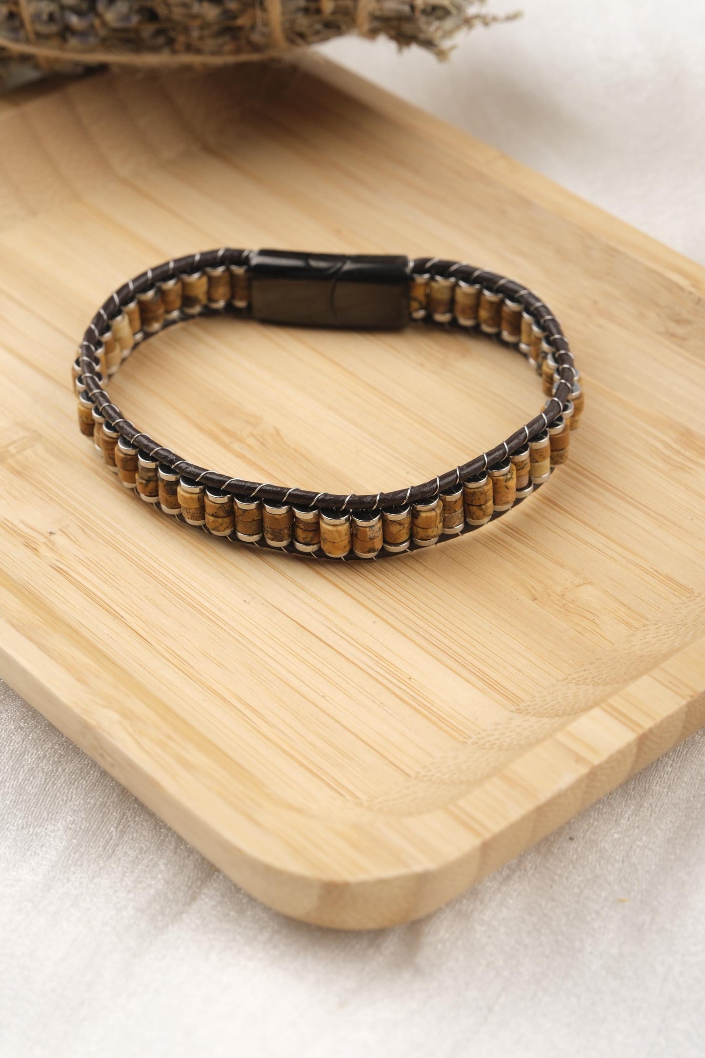 Stones of Courage and Grounding, Tiger Eye & Hematite Leather Bracelet for Men, Crystal Wristband Gift for Him