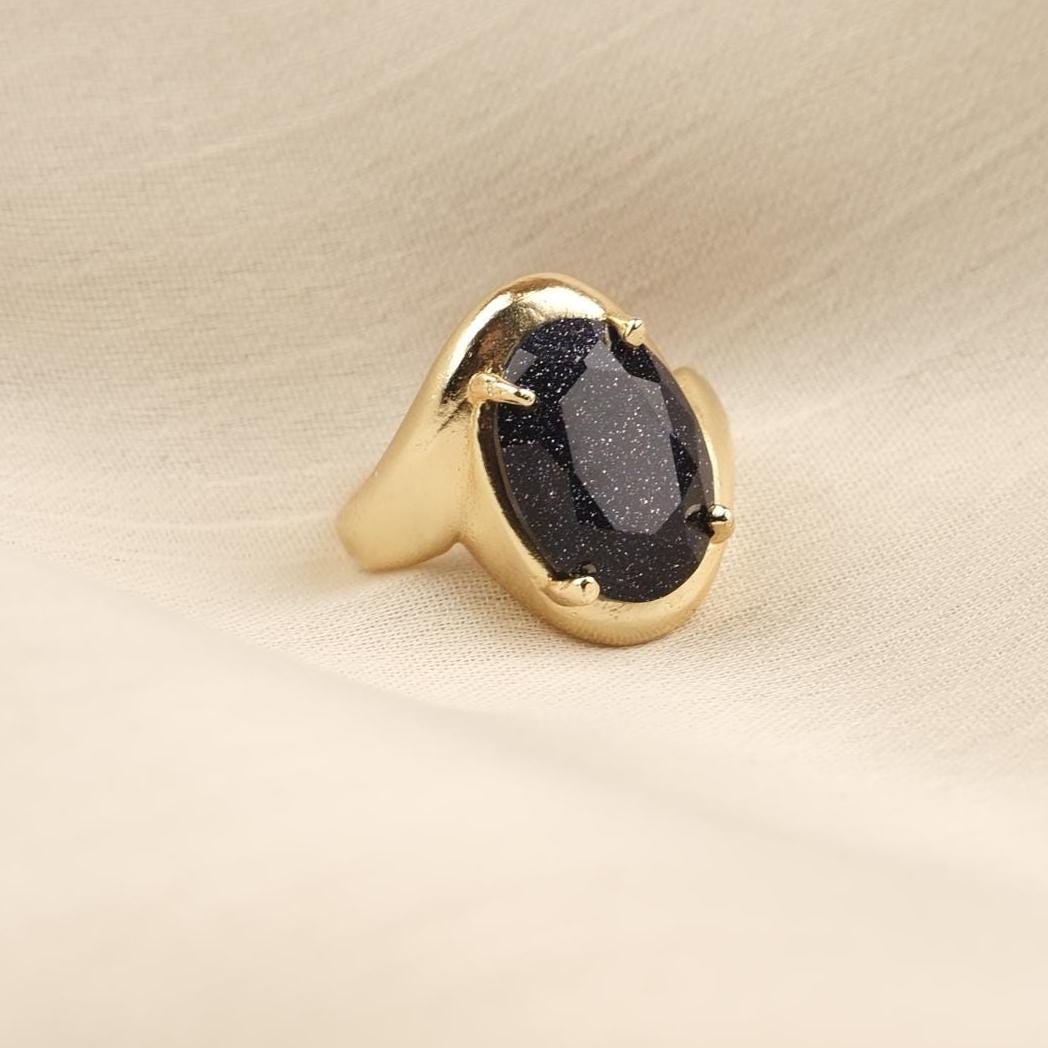 Handmade Shiny Ring , Gemstone Antique Looking And Vintage Style Gold Plated Adjustable , Elegant Oval Cut Statement Design Gift for Her