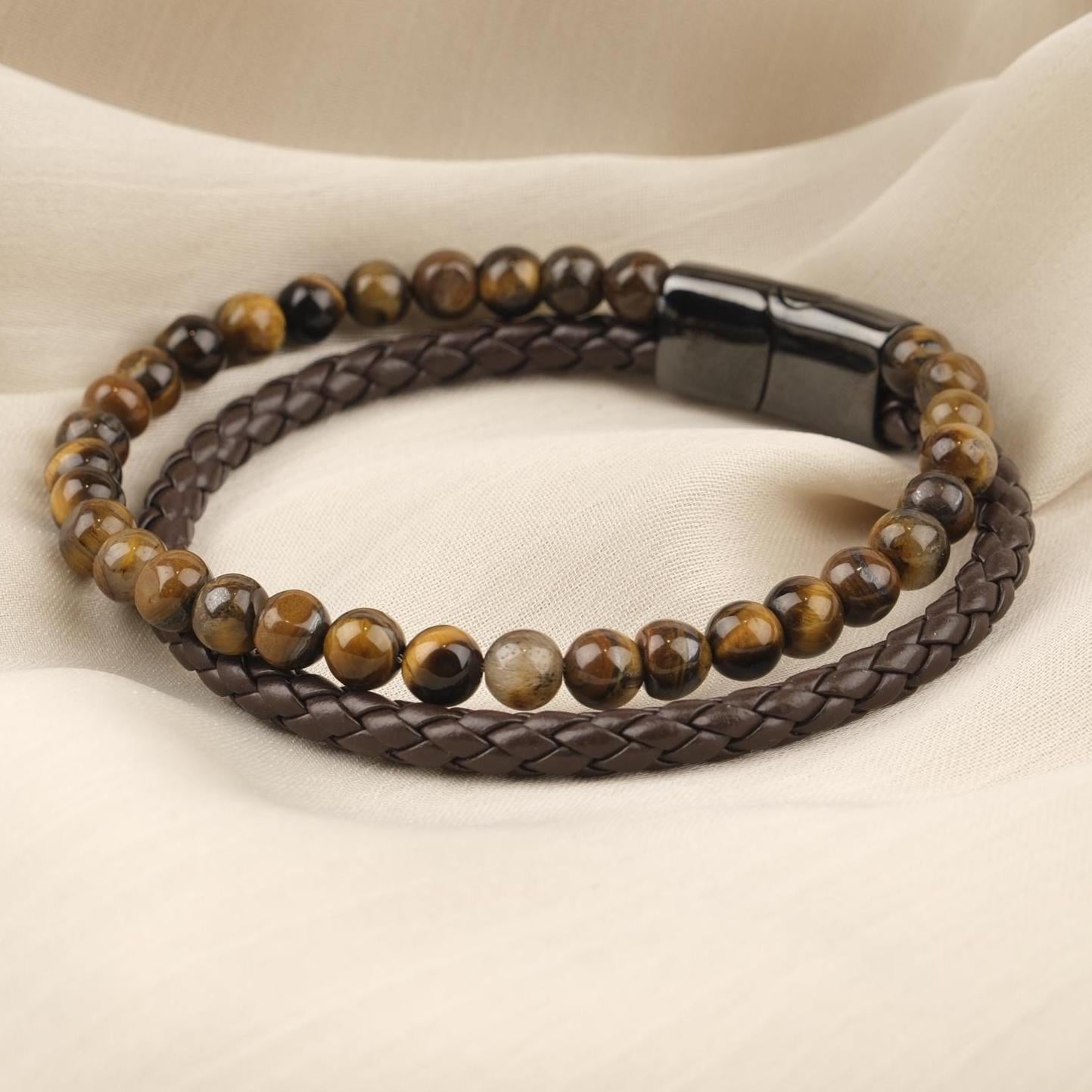 Handmade Minimal Tiger's Eye Gemstone and Genuine Leather Men's Bracelet with Titanium Lock, Natural Stone Jewelry for Him | 22 cm, 8.66 in