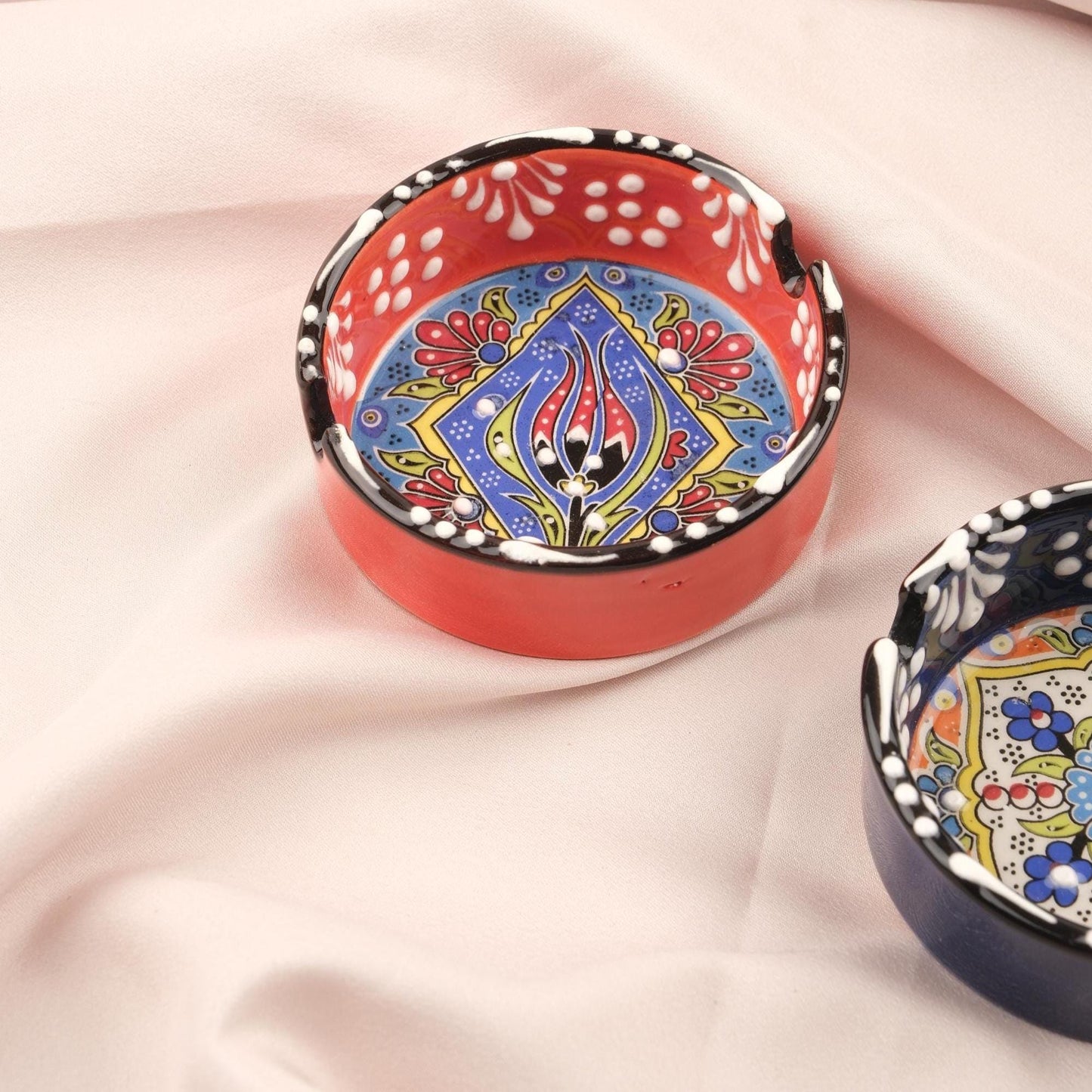 Buy1 Get1 | Antique Ashtray with Vintage Anatolian Paint, Handmade Perfection for Smokers | Ceramic Cigarette Lid in Navy Blue & Red 3.14IN
