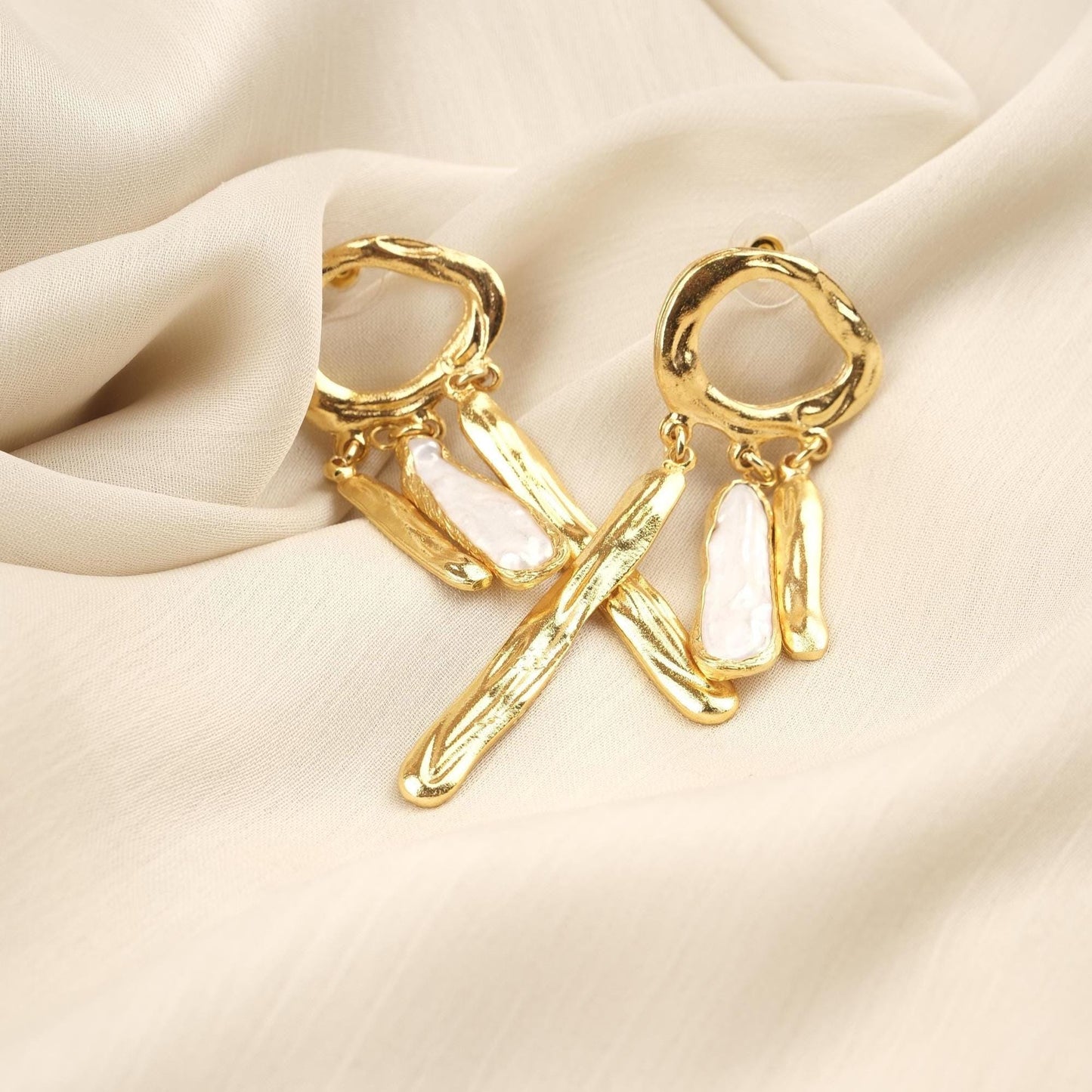 Handmade Genuine Pearl Artistic Earrings, Modern Abstract Design With Gold Plated Studs, Bold Baroque Statement Style For Unique Look Gift