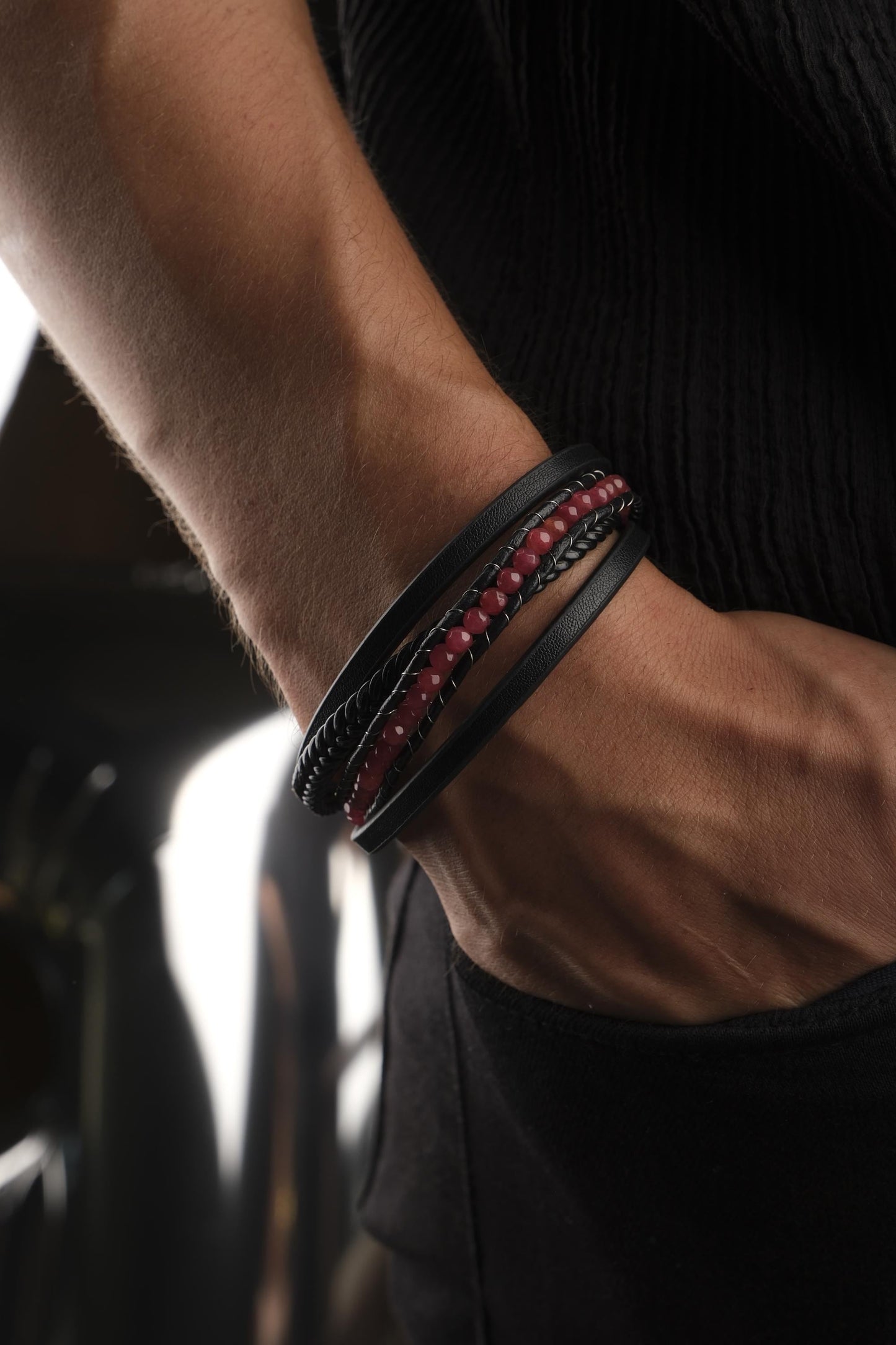 Handmade Bold Quartz and Genuine Leather Men's Bracelet, Multi-Layer Design with Titanium Lock, Statement Gemstone Jewelry | 22 cm (8.66 in)