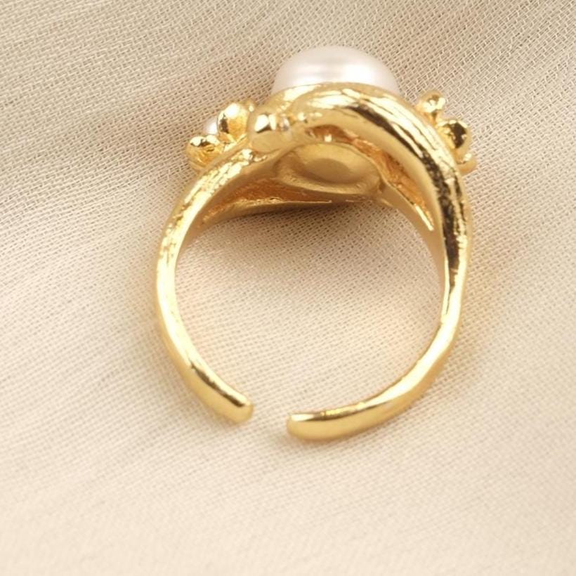 Handmade Artistic Design Ring With Faux Pearl Centerpiece, Adjustable Antique Looking And Vintage Style Gold Plated With Delicate Detailing