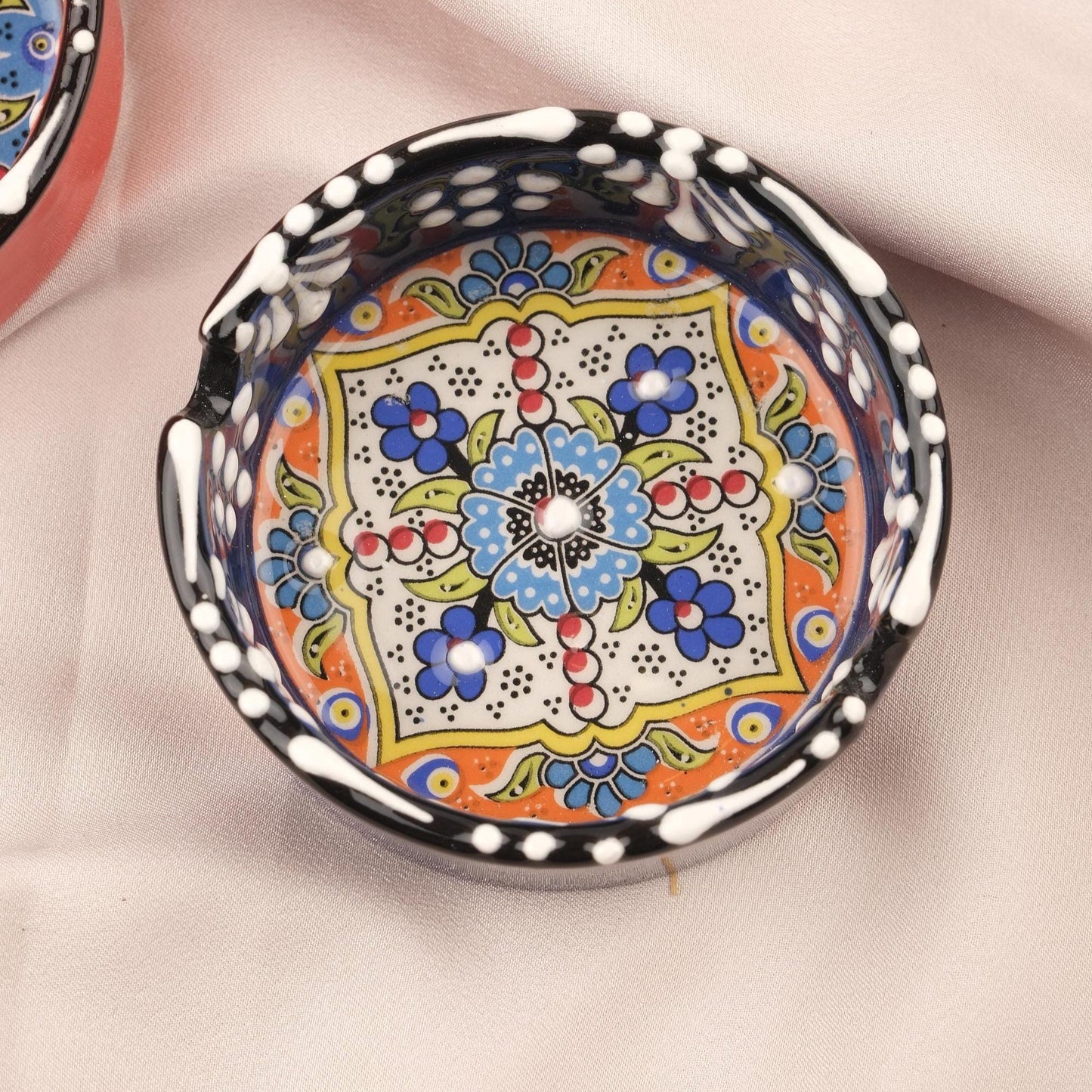 Buy1 Get1 | Antique Ashtray with Vintage Anatolian Paint, Handmade Perfection for Smokers | Ceramic Cigarette Lid in Navy Blue & Red 3.14IN