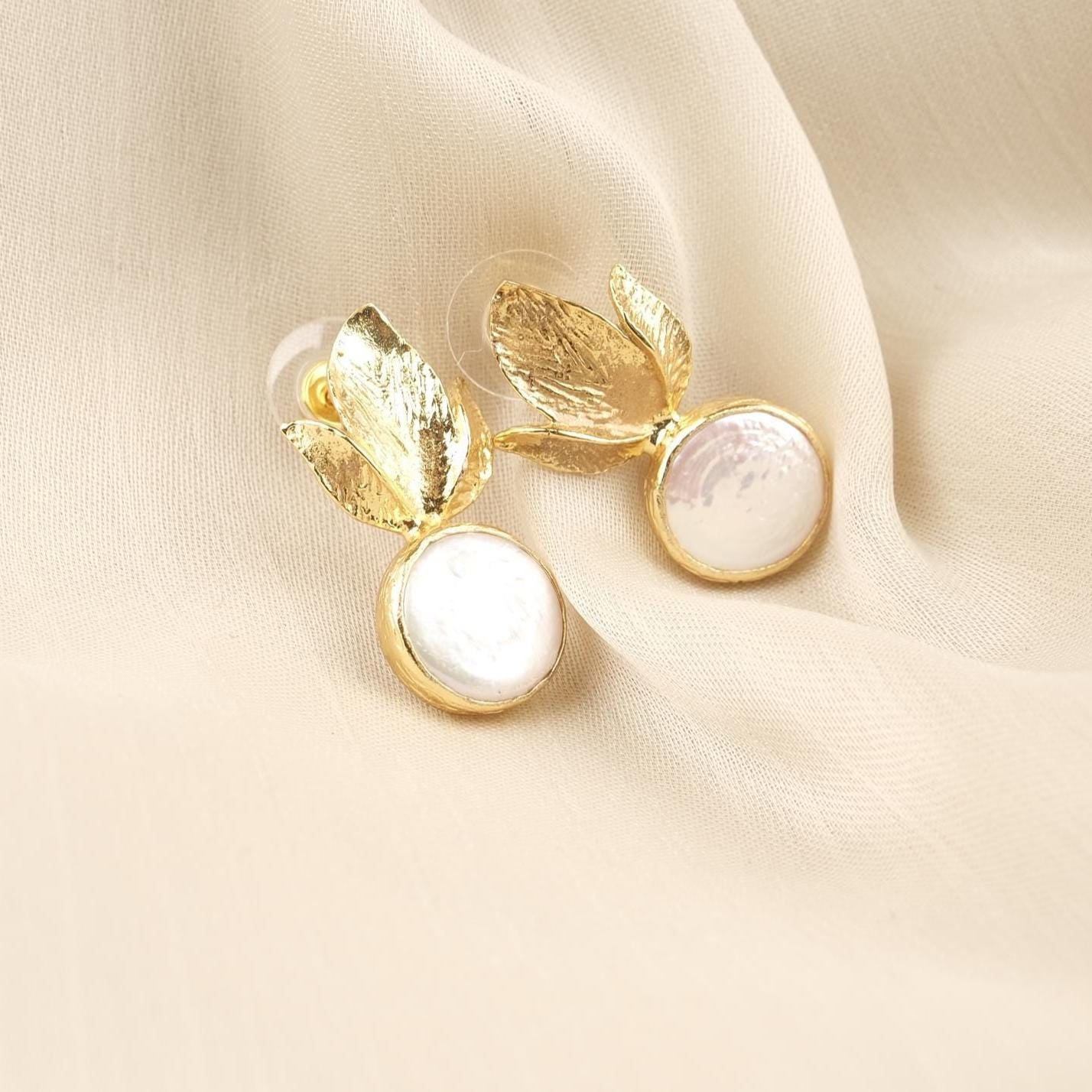 Handmade Genuine Pearl Stud Earrings, Gold Plated Leaf Design, Artistic Nature-Inspired Jewelry for Women, Elegant Lightweight Statement