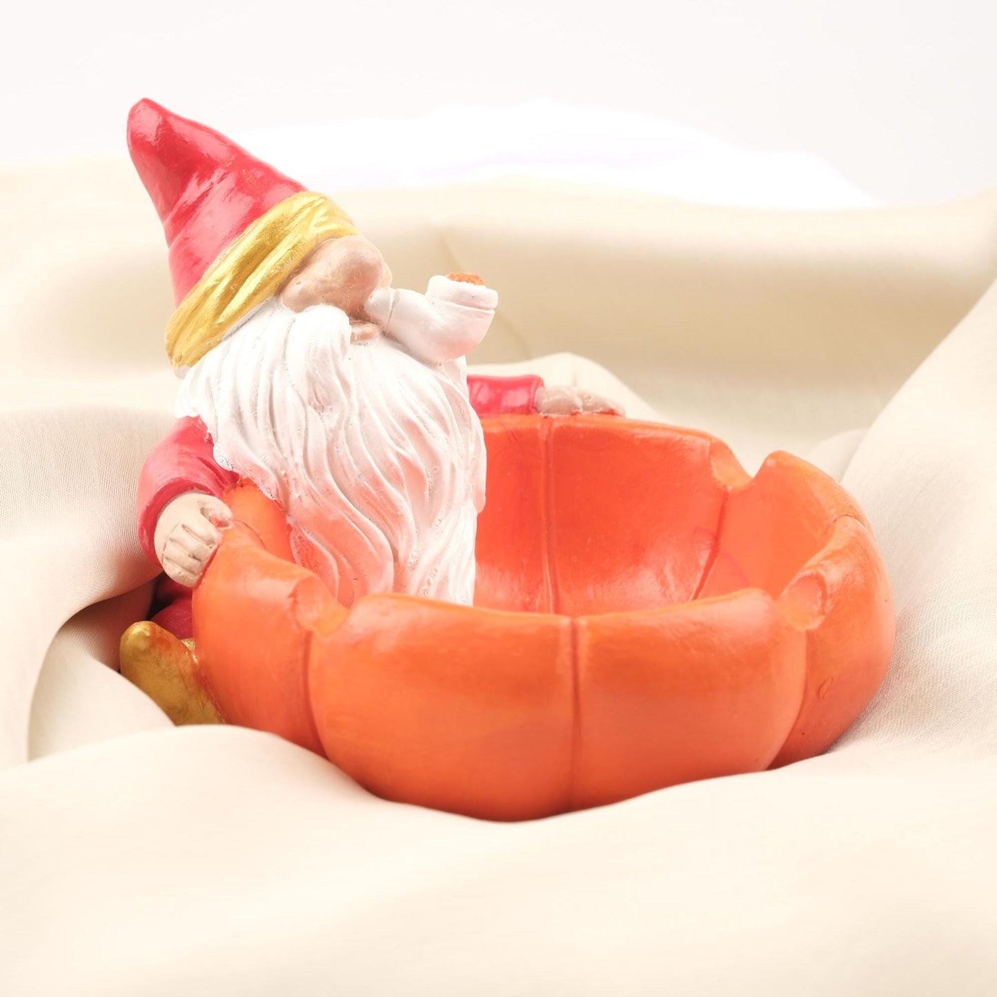 Red Gnome Ashtray with Pumpkin Bowl, Whimsical Santa Elf Smoking Tray, Handmade Fantasy Gift for Smokers Fun Decor, 11x14x11cm
