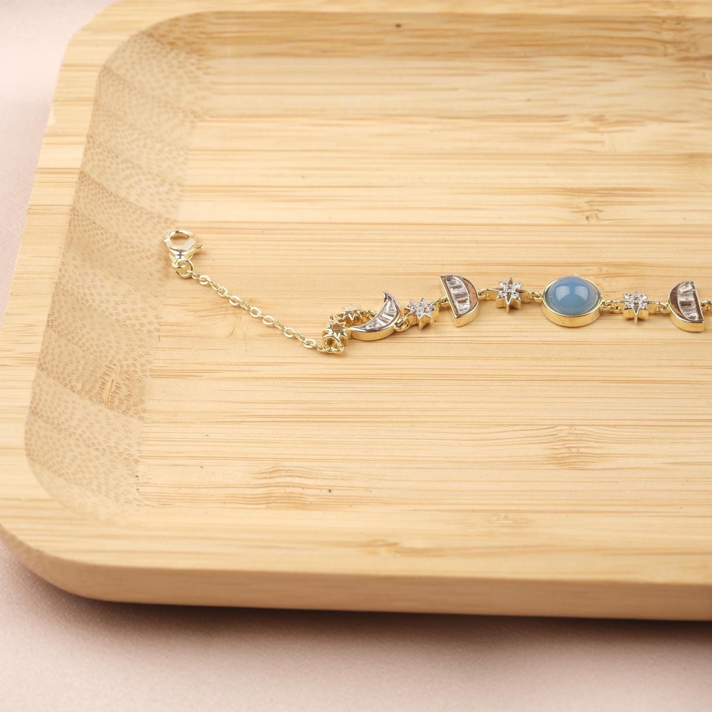 Aquamarine Moon & Star Charm Bracelet for Women, Gold Celestial Jewelry with Soft Blue Accent Stone, Calm Gift for Her, 22cm / 8.66in