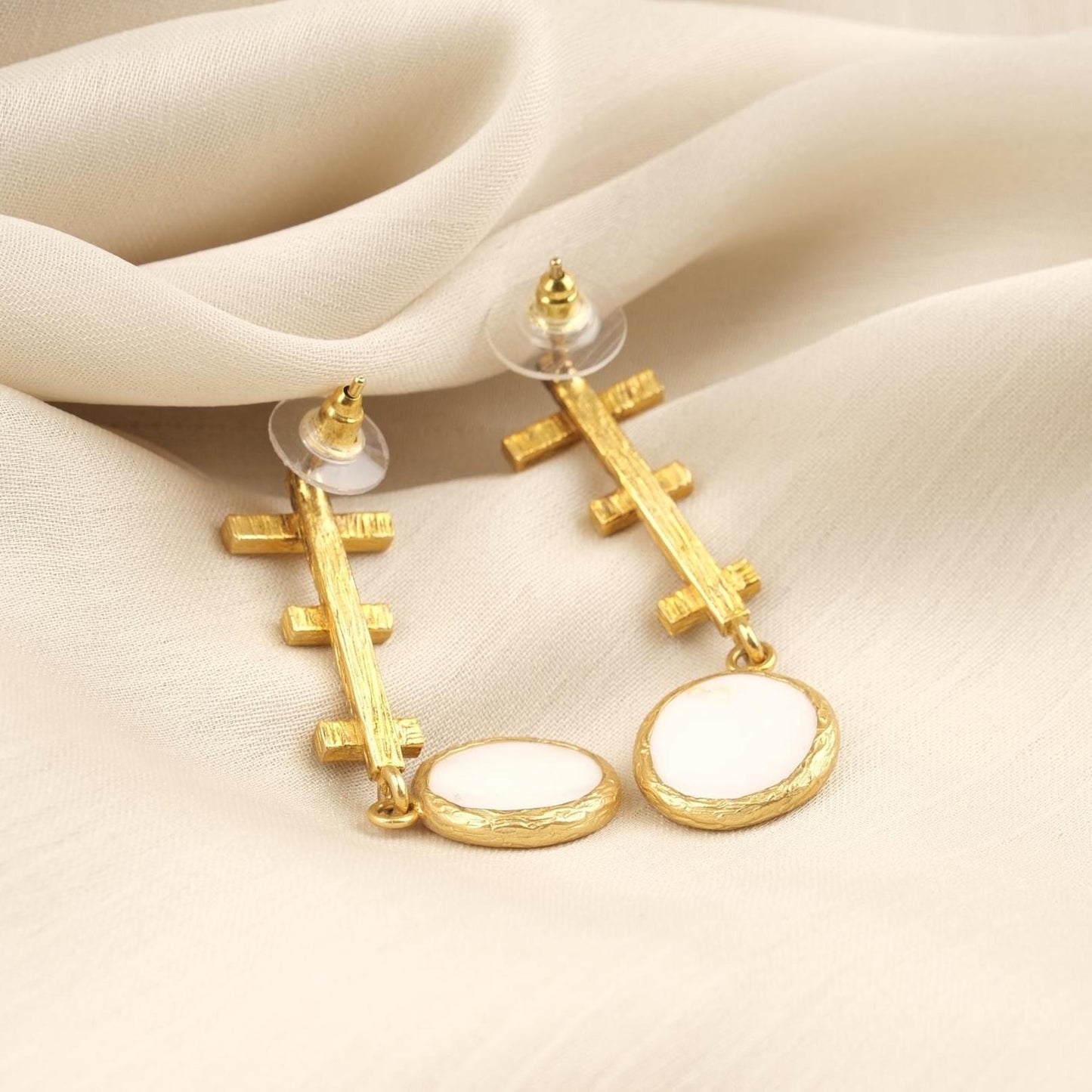 Handmade Artistic Stud Earrings With Genuine Pearl Discs, Gold Plated Abstract Design, Elegant Modern Jewelry With Vintage Style Charm Gift