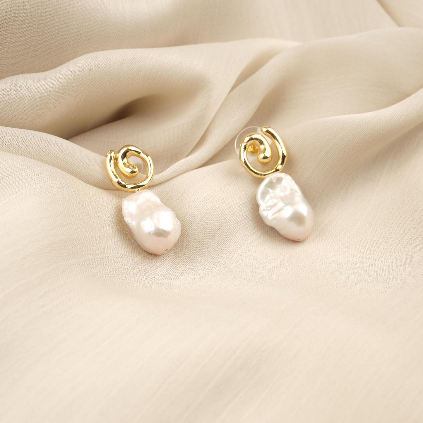 Handmade Genuine Pearl Abstract Modern Earrings, Artistic Gold Plated Studs, Unique Organic Baroque Design For Elegant Statement Style