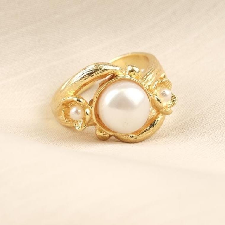 Handmade Artistic Design Ring With Faux Pearl Centerpiece, Adjustable Antique Looking And Vintage Style Gold Plated With Delicate Detailing