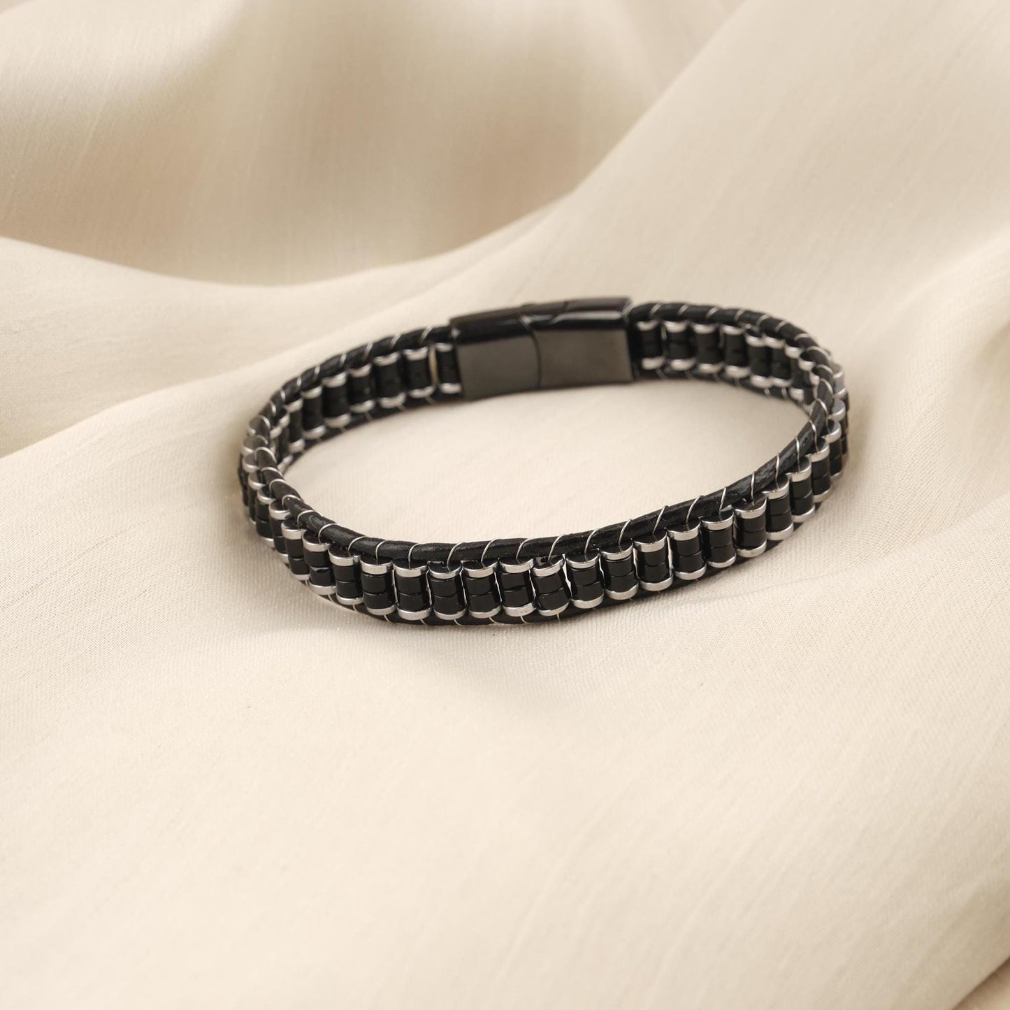 Handmade Hematite & Genuine Leather Men's Bracelet, Bold Black , Titanium Lock, Elegant Statement Piece | 22 cm (8.66 in) gift