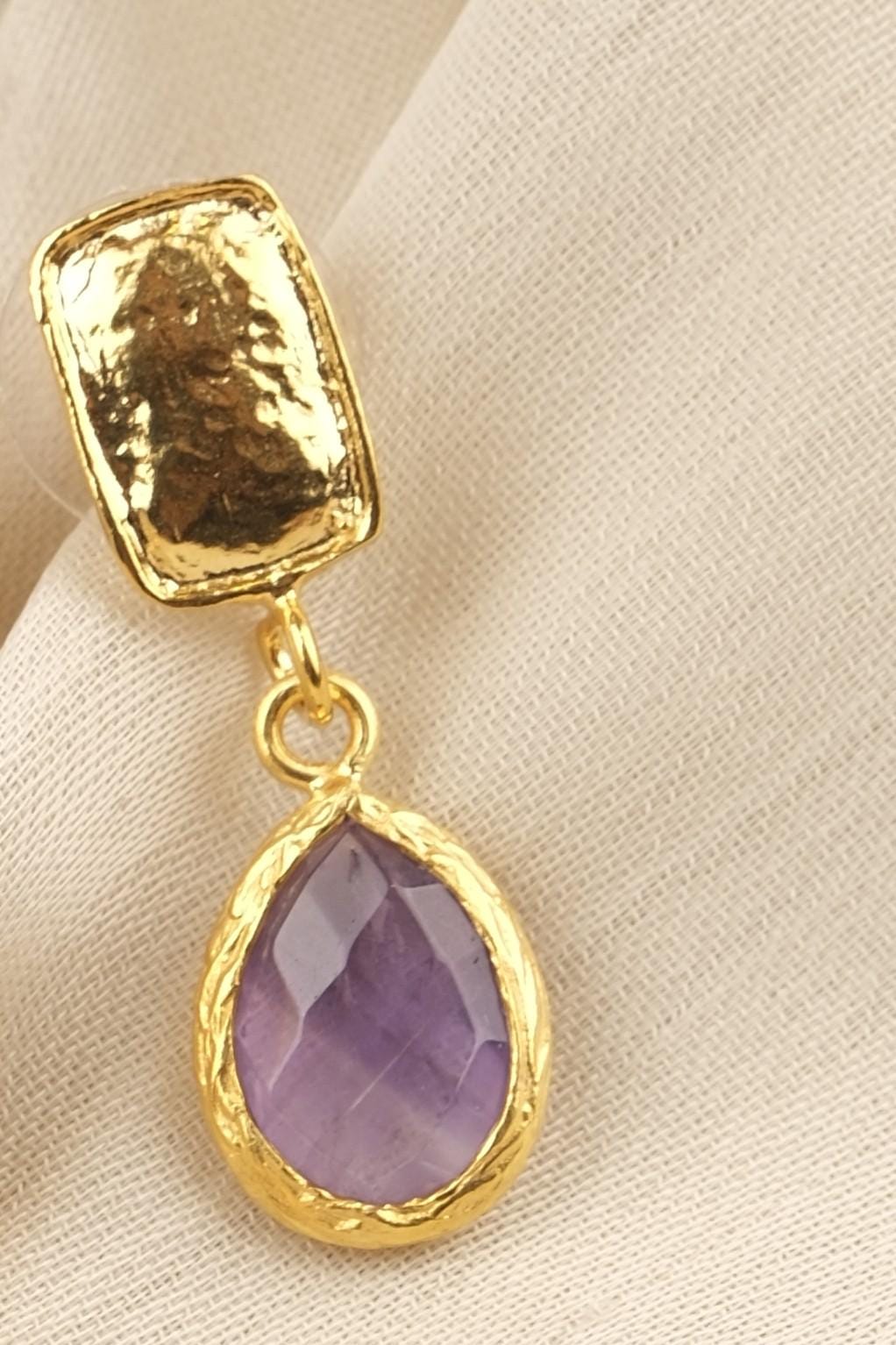 Handmade Gold Plated Stud Earrings with Birthstone Amethyst Gemstone, Elegant Drop Design, Antique Looking Jewelry, Unique Gift for Her