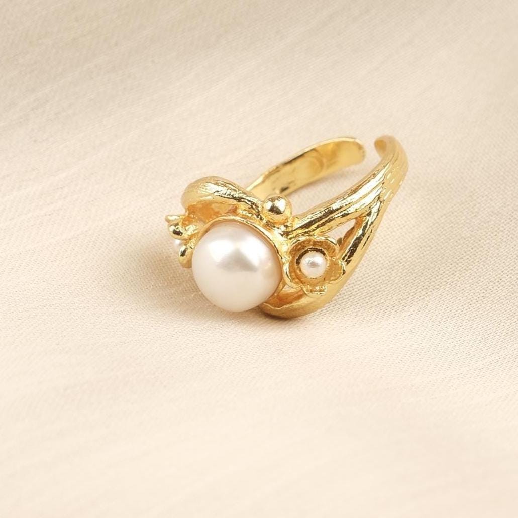 Handmade Artistic Design Ring With Faux Pearl Centerpiece, Adjustable Antique Looking And Vintage Style Gold Plated With Delicate Detailing