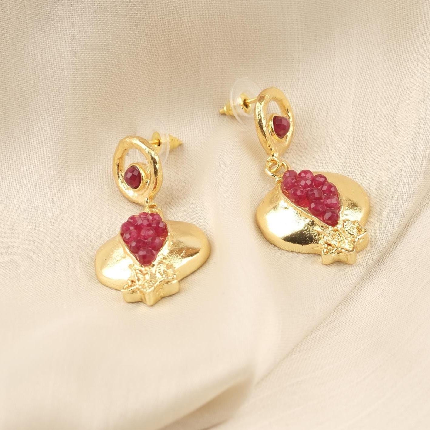 Handmade Genuine Jade Pomegranate Earrings , March Birthstone, Exotic Studs, Elegant And Artistic Statement Jewelry Design Gift