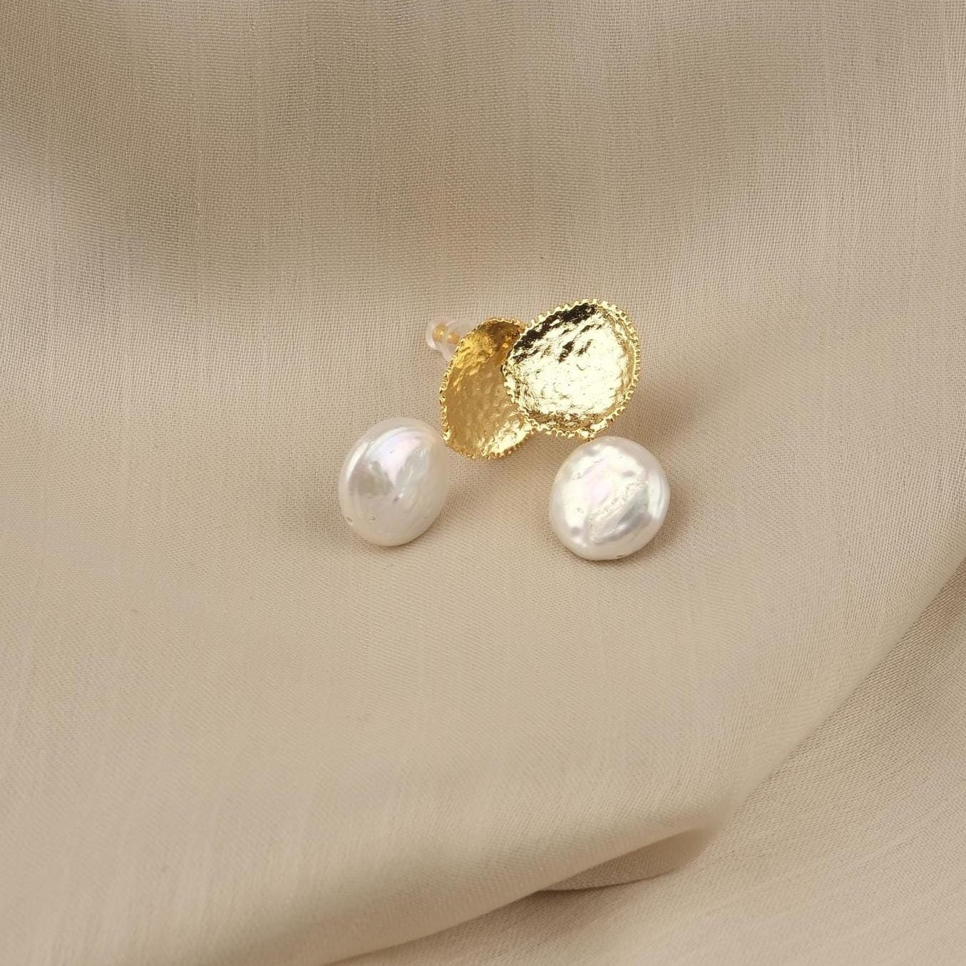 Handmade Gold Plated Stud Earrings with Genuine Freshwater Pearl, Antique Looking Dome Design, Elegant Artistic Minimal Jewelry Gift for her