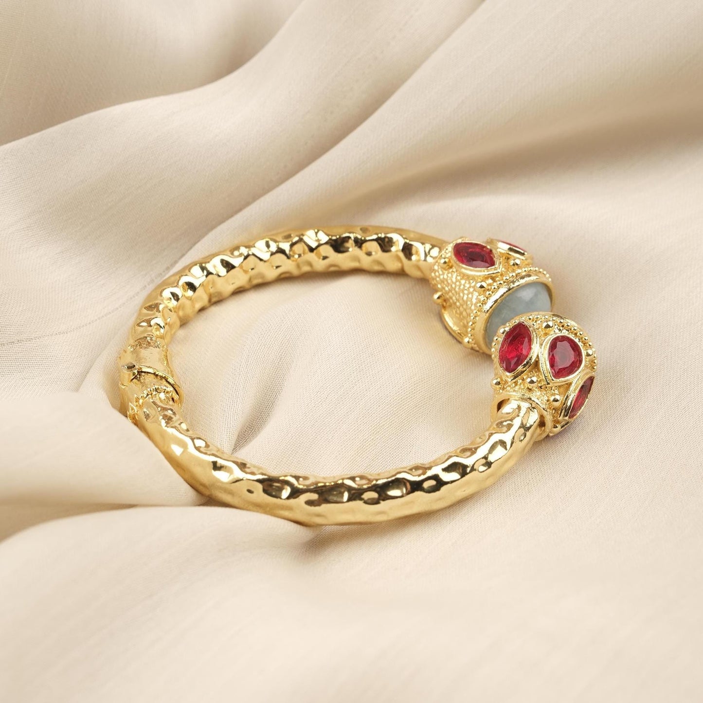 Stone of Courage | Handmade Aquamarine Bracelet with Ruby Red Accents, Inspired Design, Antique Looking and Vintage Style Gold Plated Bangle