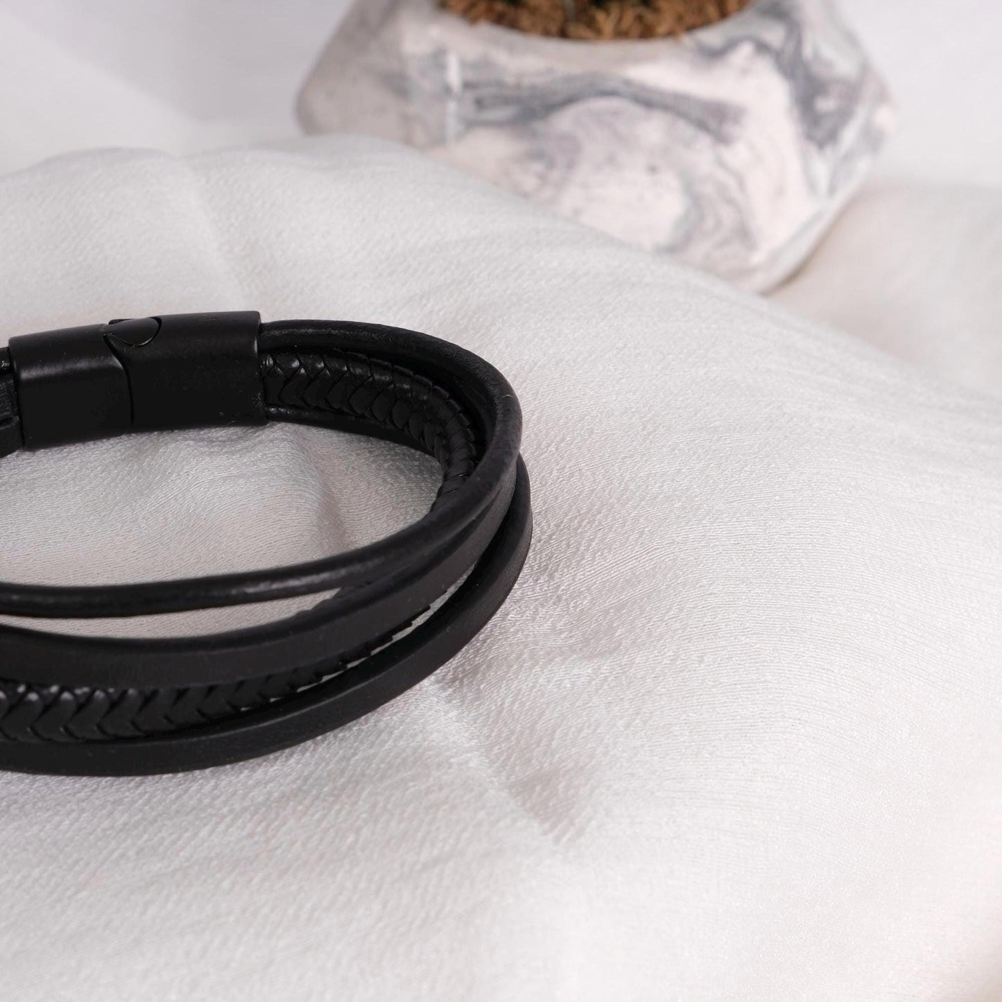 Triple Strand Black Leather Men's Bracelet 22cm – Genuine Leather with Braided, Smooth, and Round Strap Design for Bold Maximalist Style