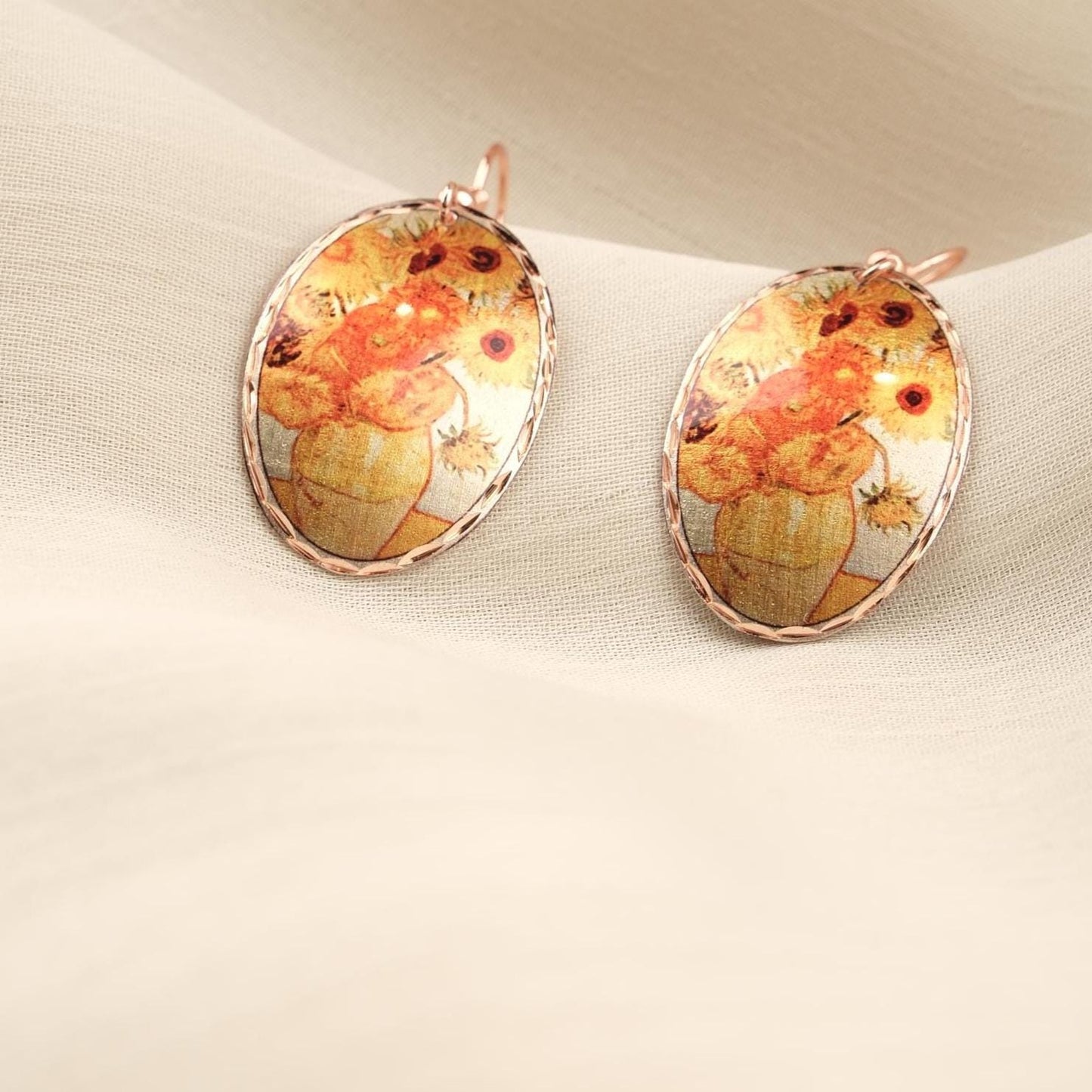 Vincent van Gogh “Vase with Fifteen Sunflowers” Dangle Earrings in Pure Copper, Artistic Design, Handmade Vintage Style Antique Looking Gift