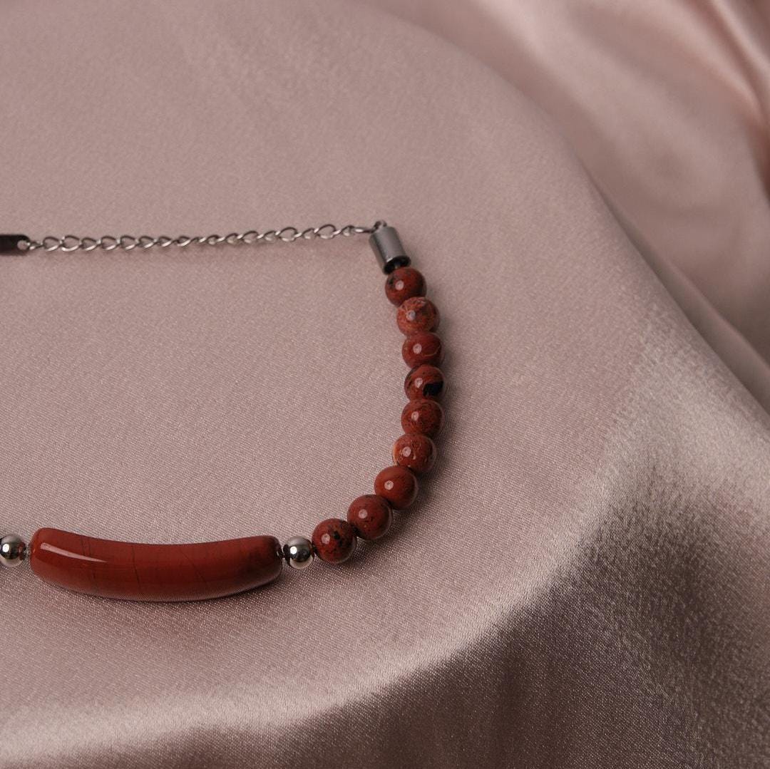 Red Classic Gemstone Bracelet with Silver Cord Stainless Steel Gift for Men, Tough and Timeless Style, Cool Masculine Jewelry Gift for Men