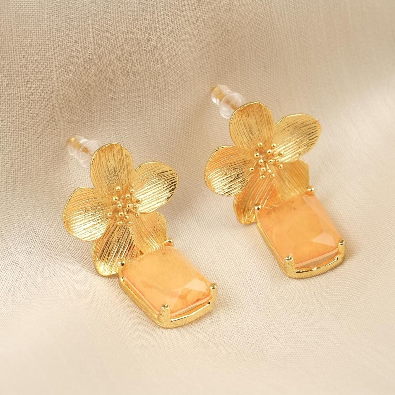 Handmade Gold Plated Flower Stud Earrings, Elegant Orange Gemstone Drop Design, Artistic Floral Charm, Unique Statement Gift for Her