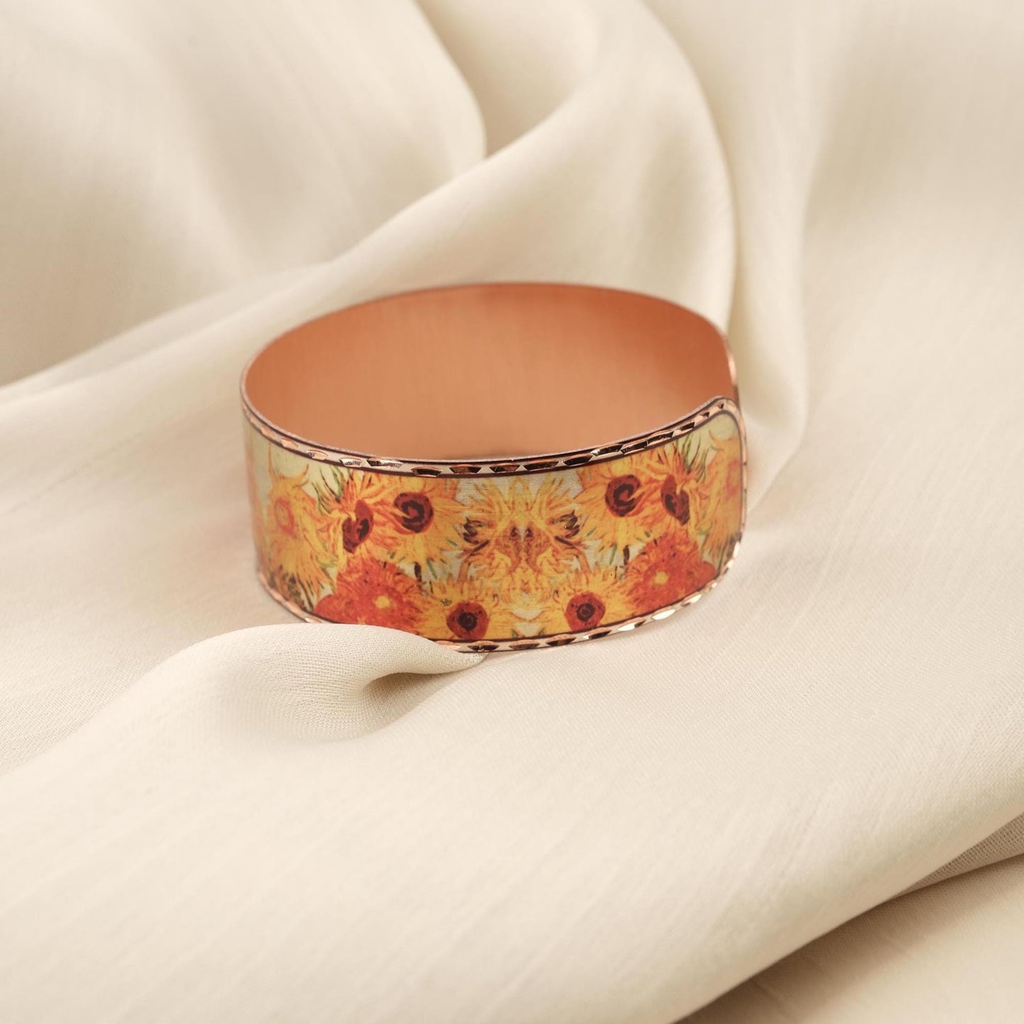 Vincent Van Gogh "Vase with Fifteen Sunflowers" Bracelet in Pure Copper, Handmade Adjustable Bangles | Antique Looking Vintage Style Gift