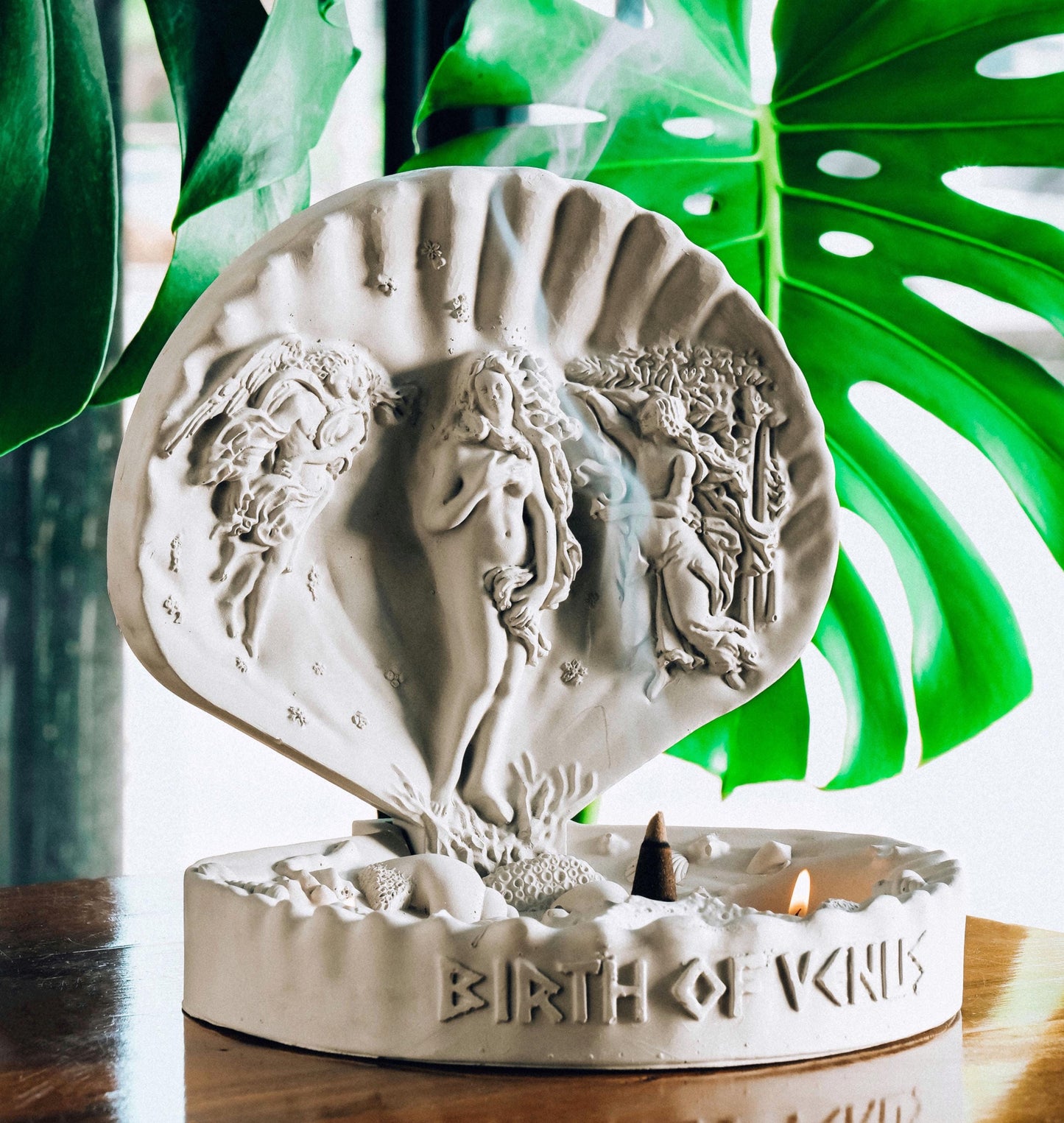 Birth of Venus Cone Incense Burner with Candle Holder, Mythological Concrete Decor for Aromatherapy, Ritual, and Romantic Spiritual Ambience