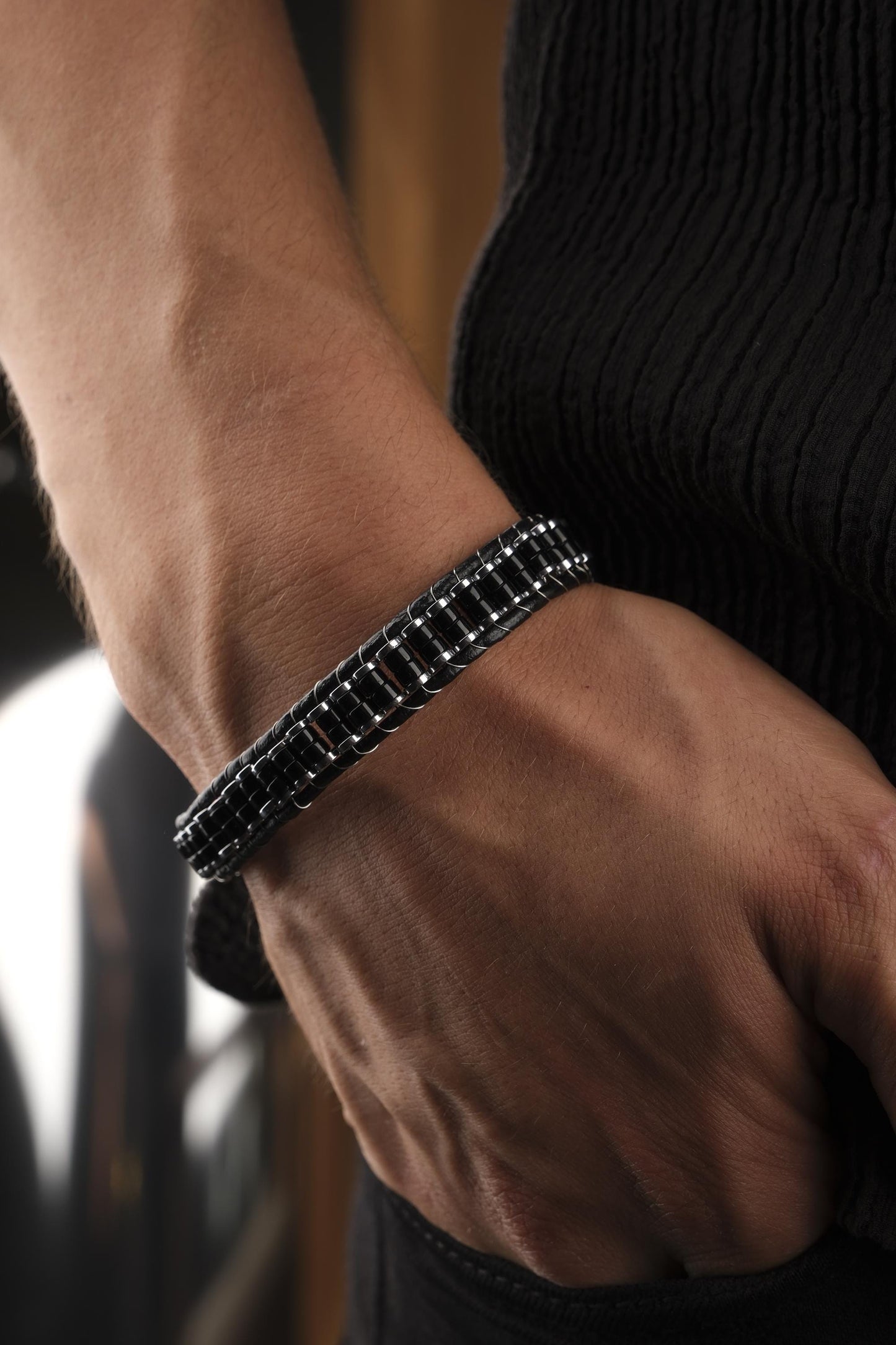 Handmade Hematite & Genuine Leather Men's Bracelet, Bold Black , Titanium Lock, Elegant Statement Piece | 22 cm (8.66 in) gift