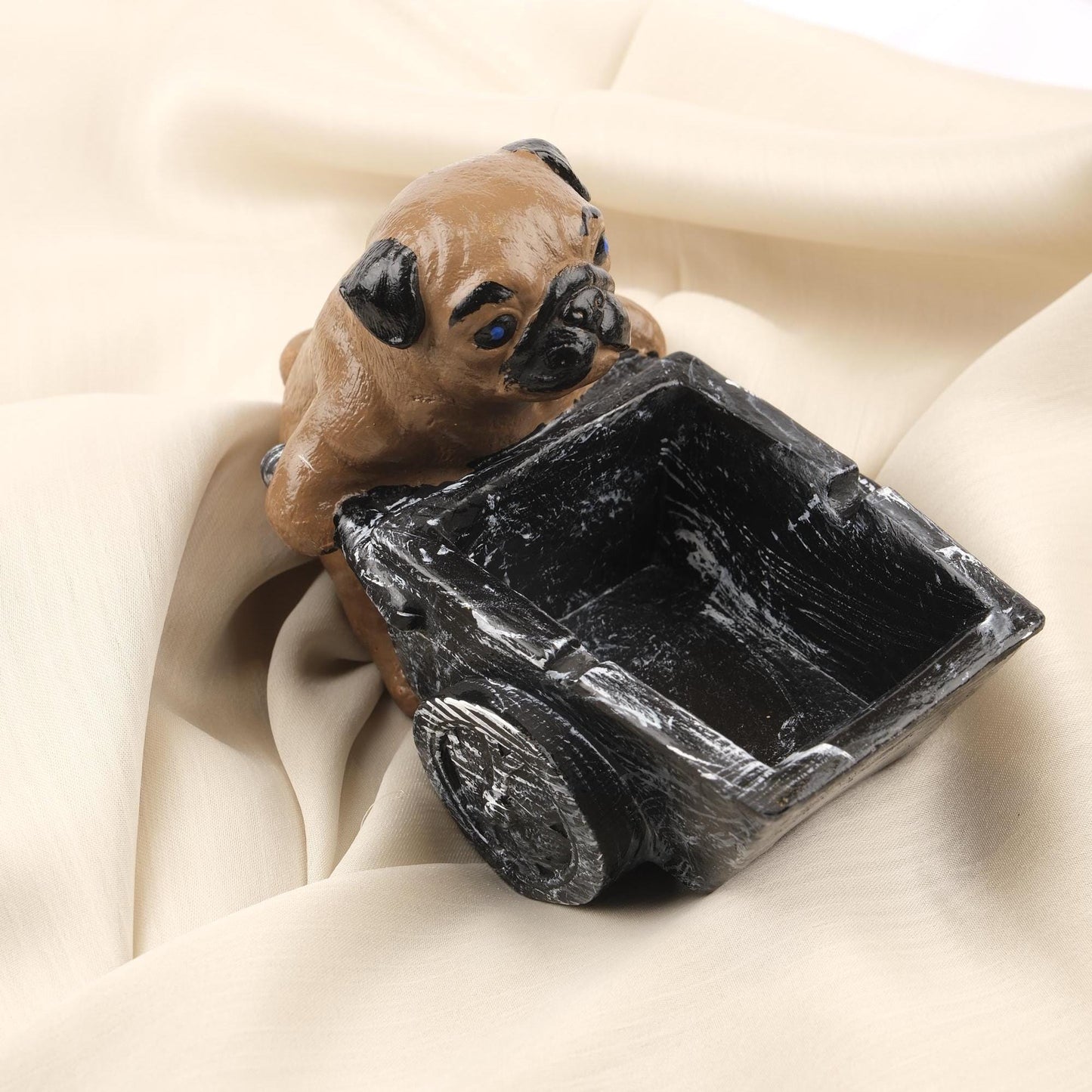 Green Pug Dog Ashtray in Wheelbarrow Cart, Cute Animal Smoking Tray, Handcrafted Dog Lover Gift Whimsical and Functional Decor, 16x9x12cm