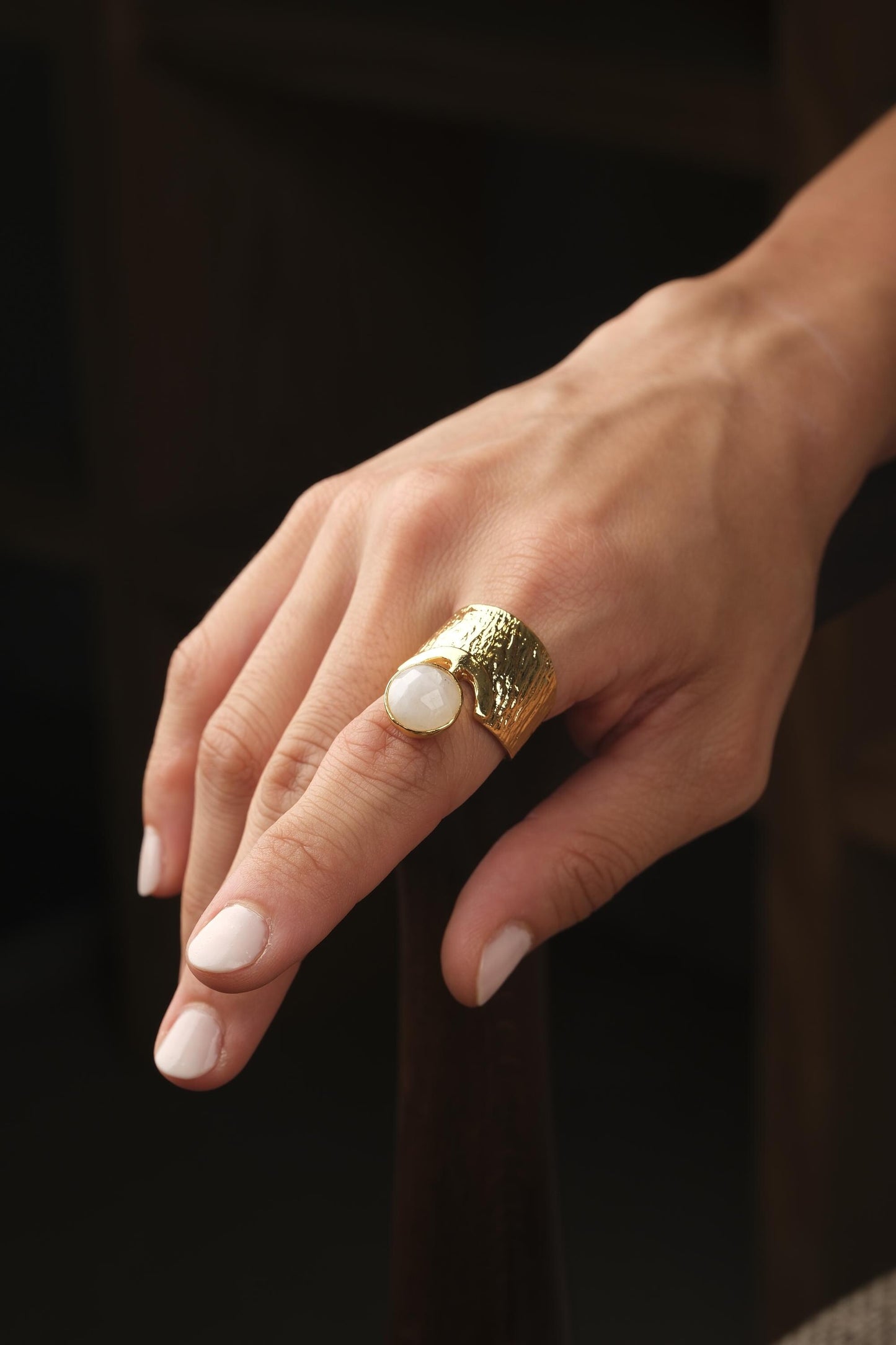 Handmade Regal Gemstone With Queen Style Setting, Antique Looking And Vintage Style Gold Plated Ring Featuring Bold Textured Band Design
