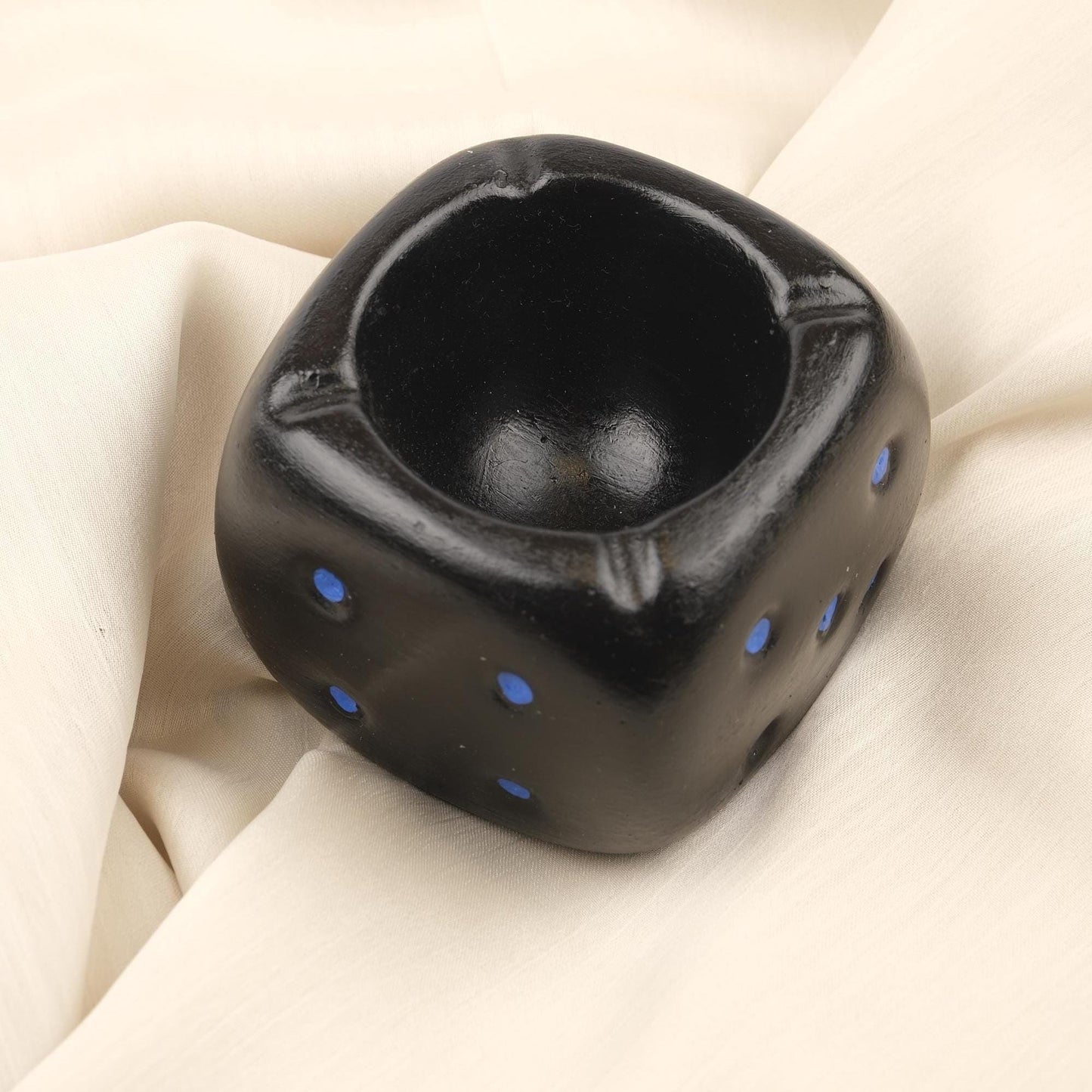 Black Dice Ashtray with Blue Dots, Casino Style Smoking Tray, Funky Handmade Cube Decor for Game Nights Unique Gift Idea