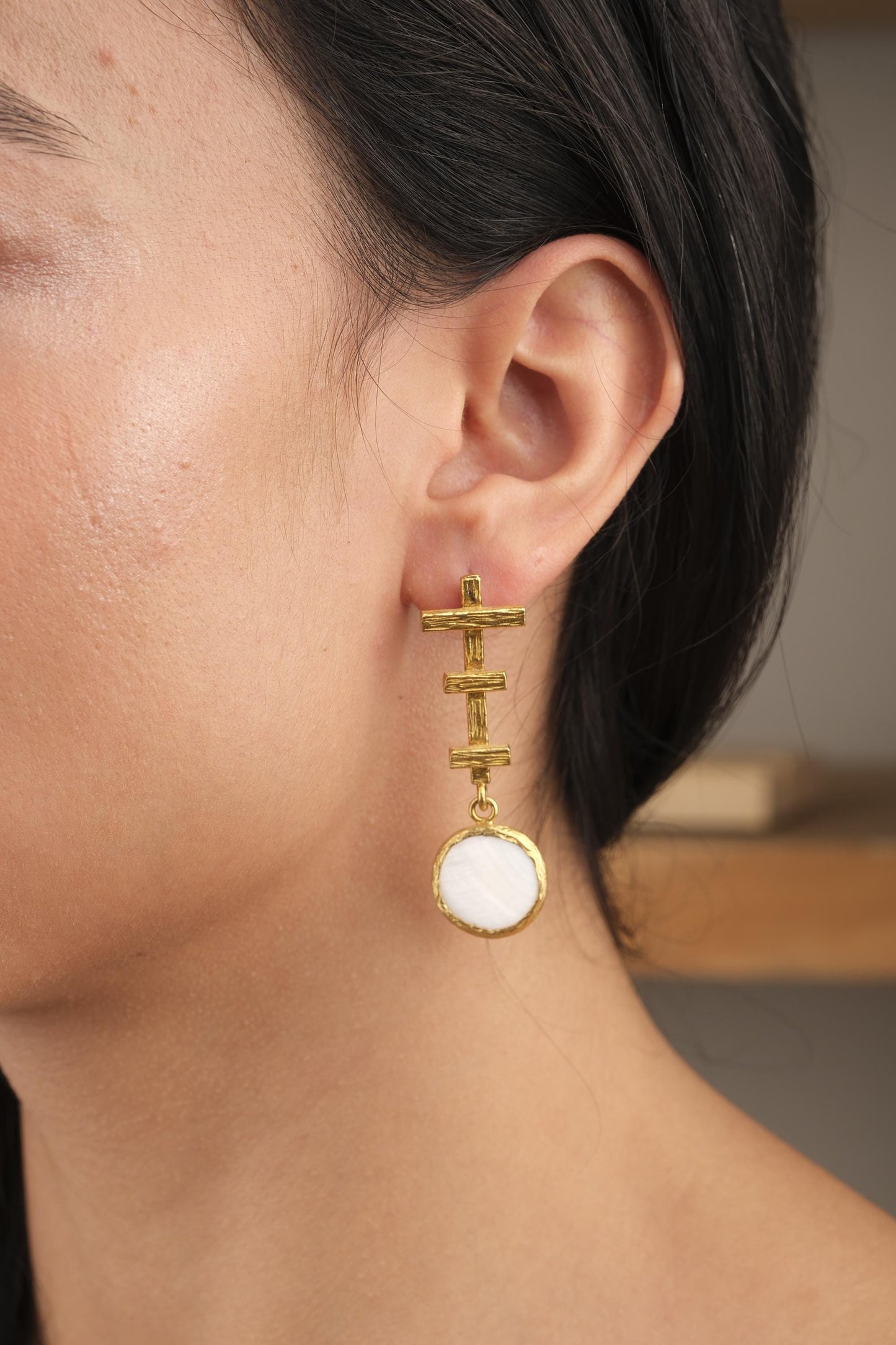 Handmade Artistic Stud Earrings With Genuine Pearl Discs, Gold Plated Abstract Design, Elegant Modern Jewelry With Vintage Style Charm Gift
