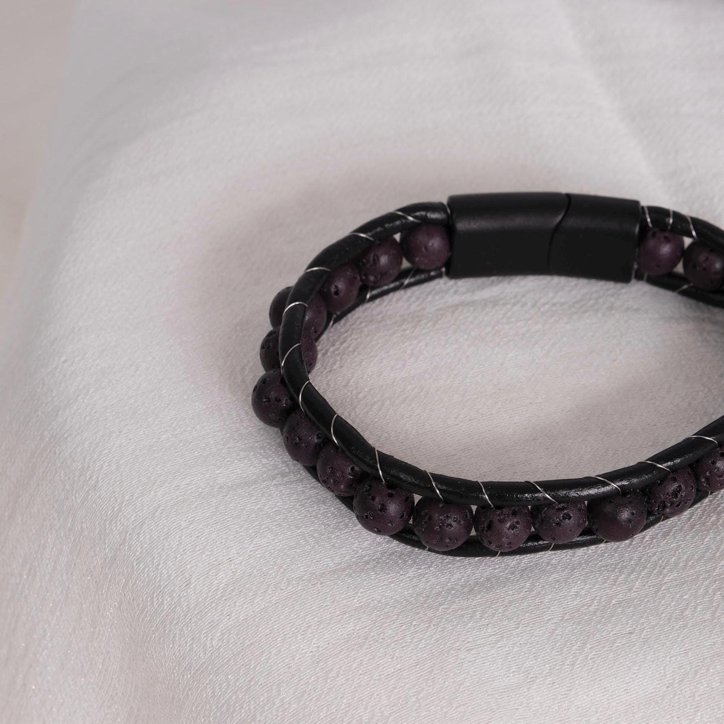 Black Carbon Matte Gemstone Bracelet for Men, Real Leather, Steel Wrapped, 22cm, Durable Masculine Design